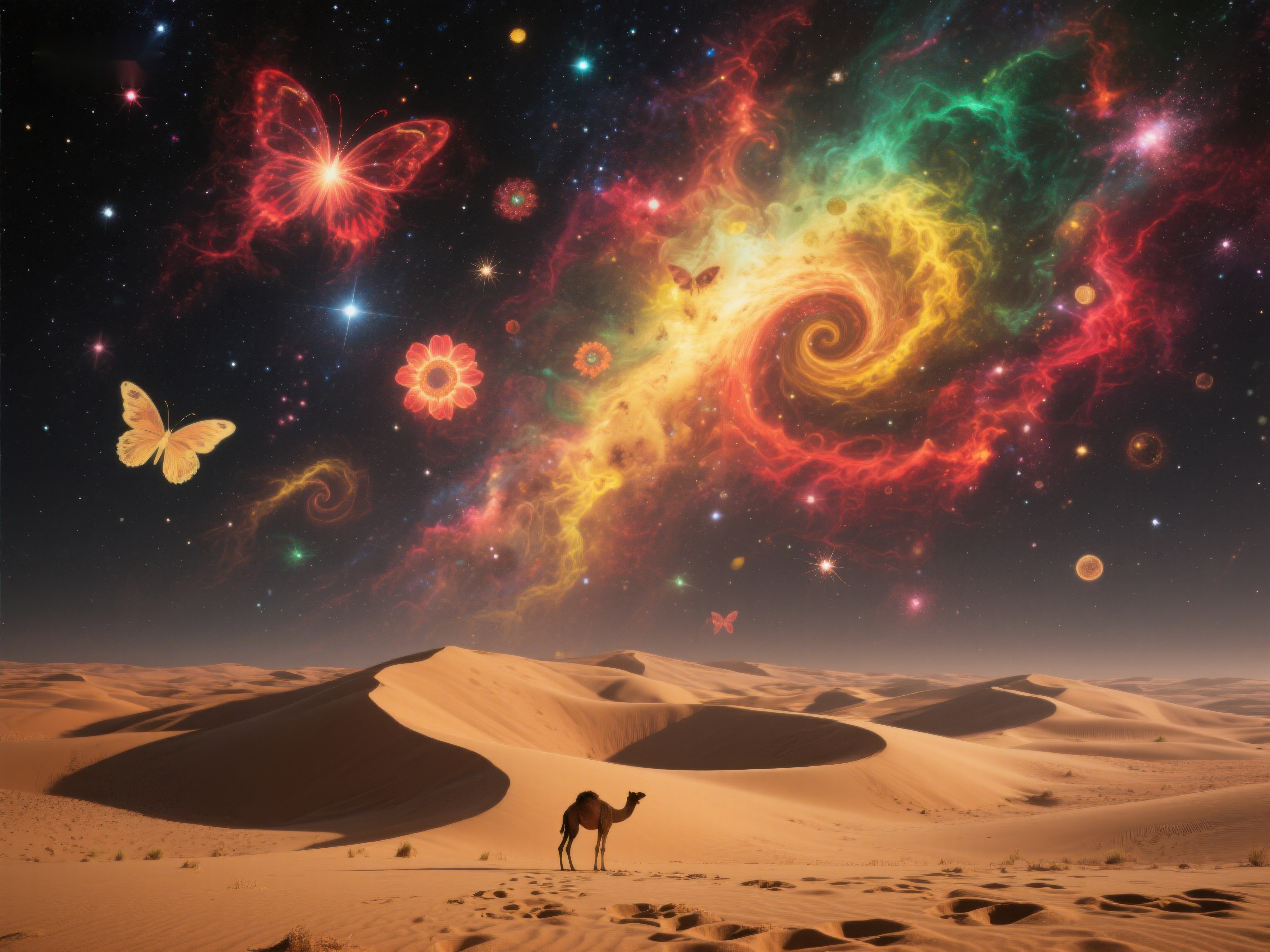 沙漠驼影与星空蝶舞素材