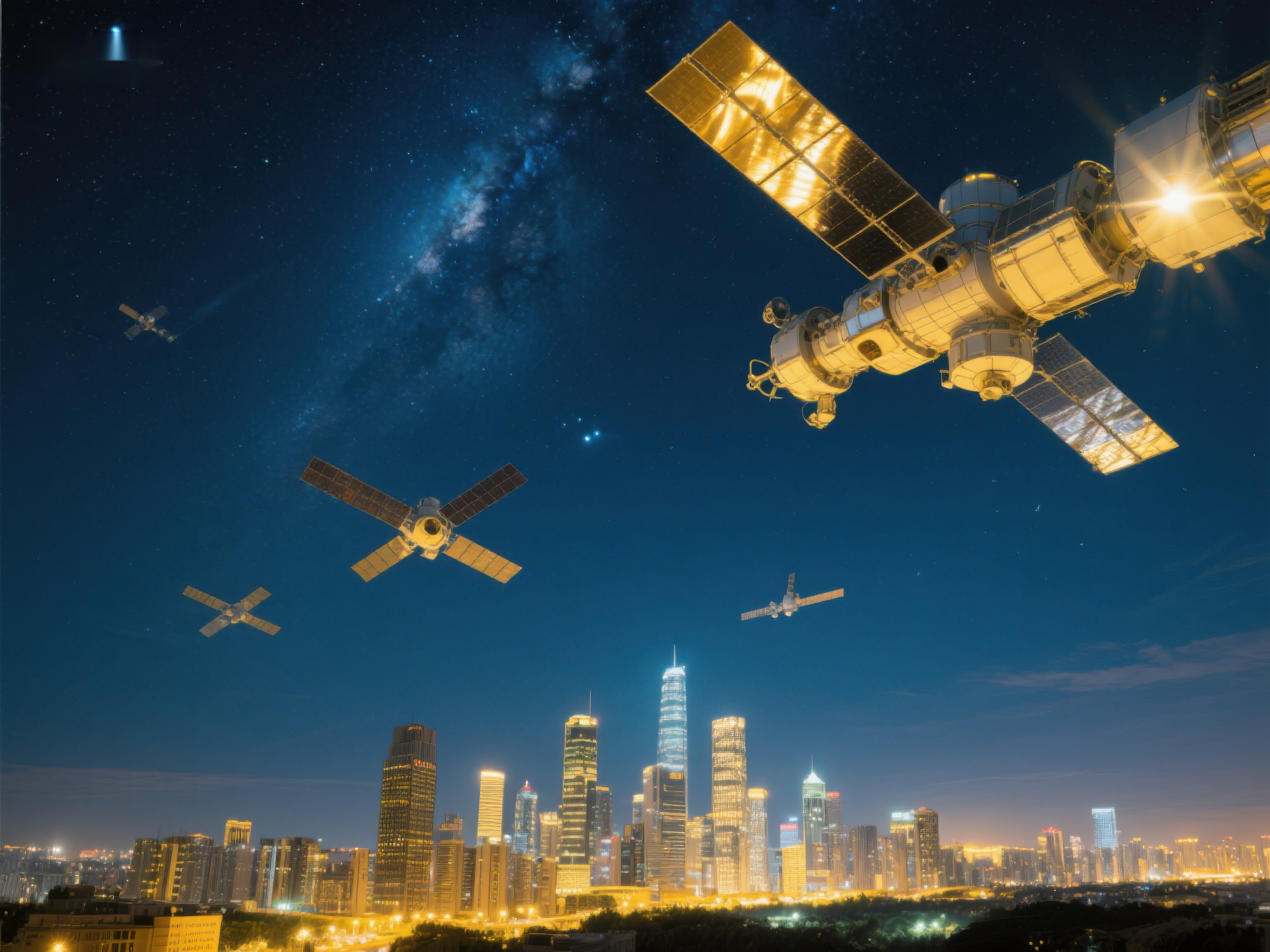 城市夜景与太空卫星素材