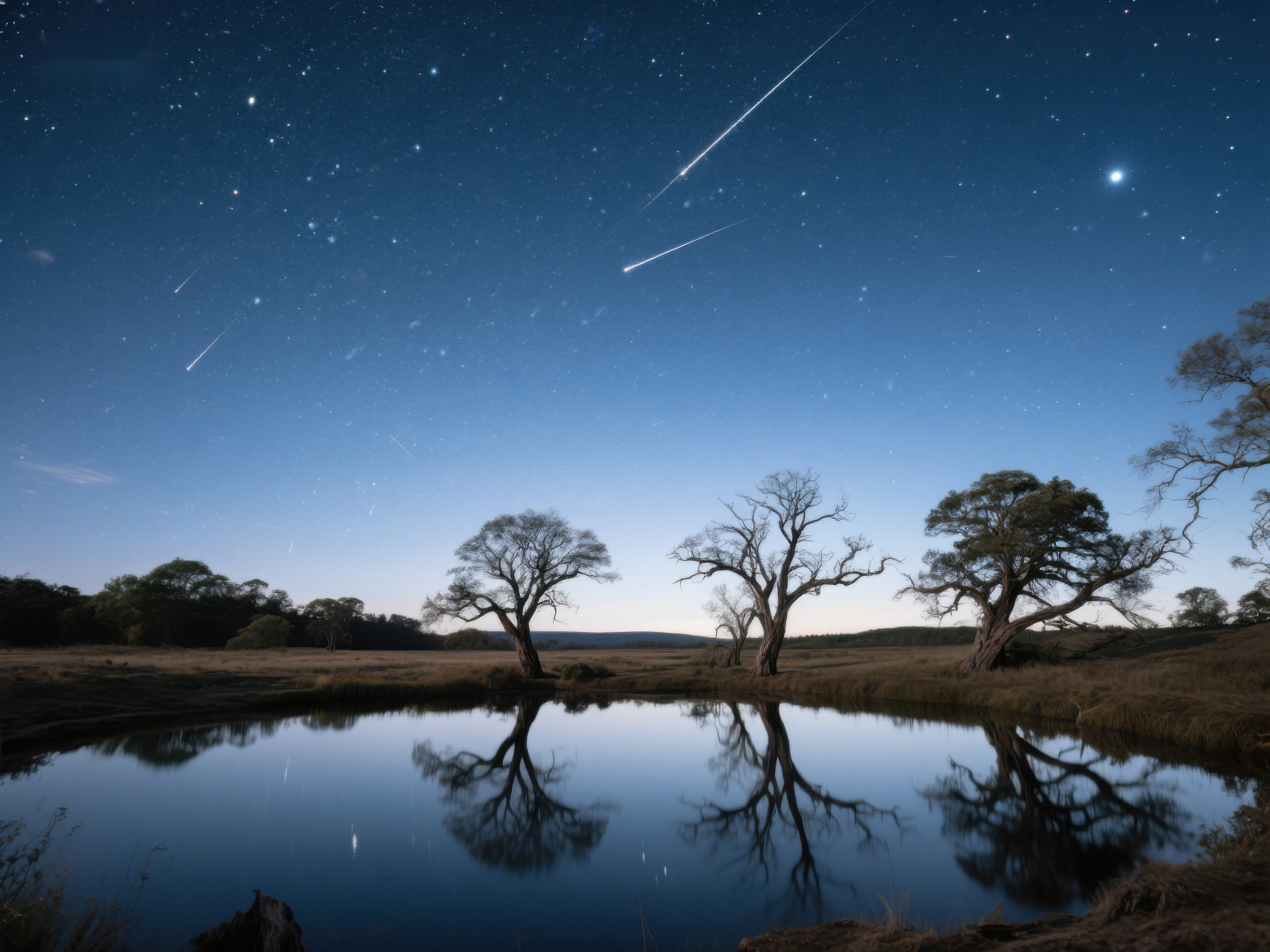 夜空流星划过树木倒映水中素材