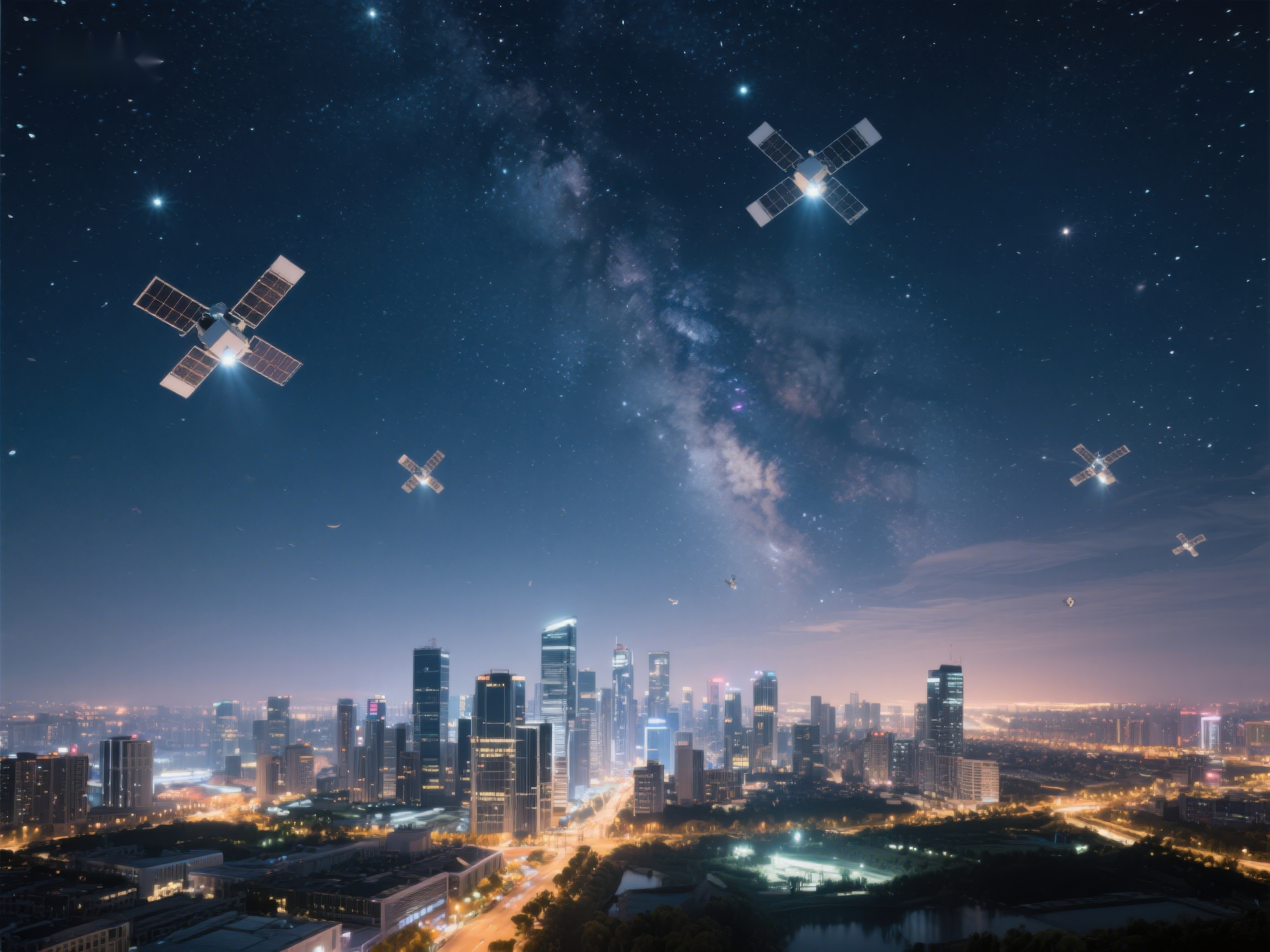 卫星环绕夜空城市素材