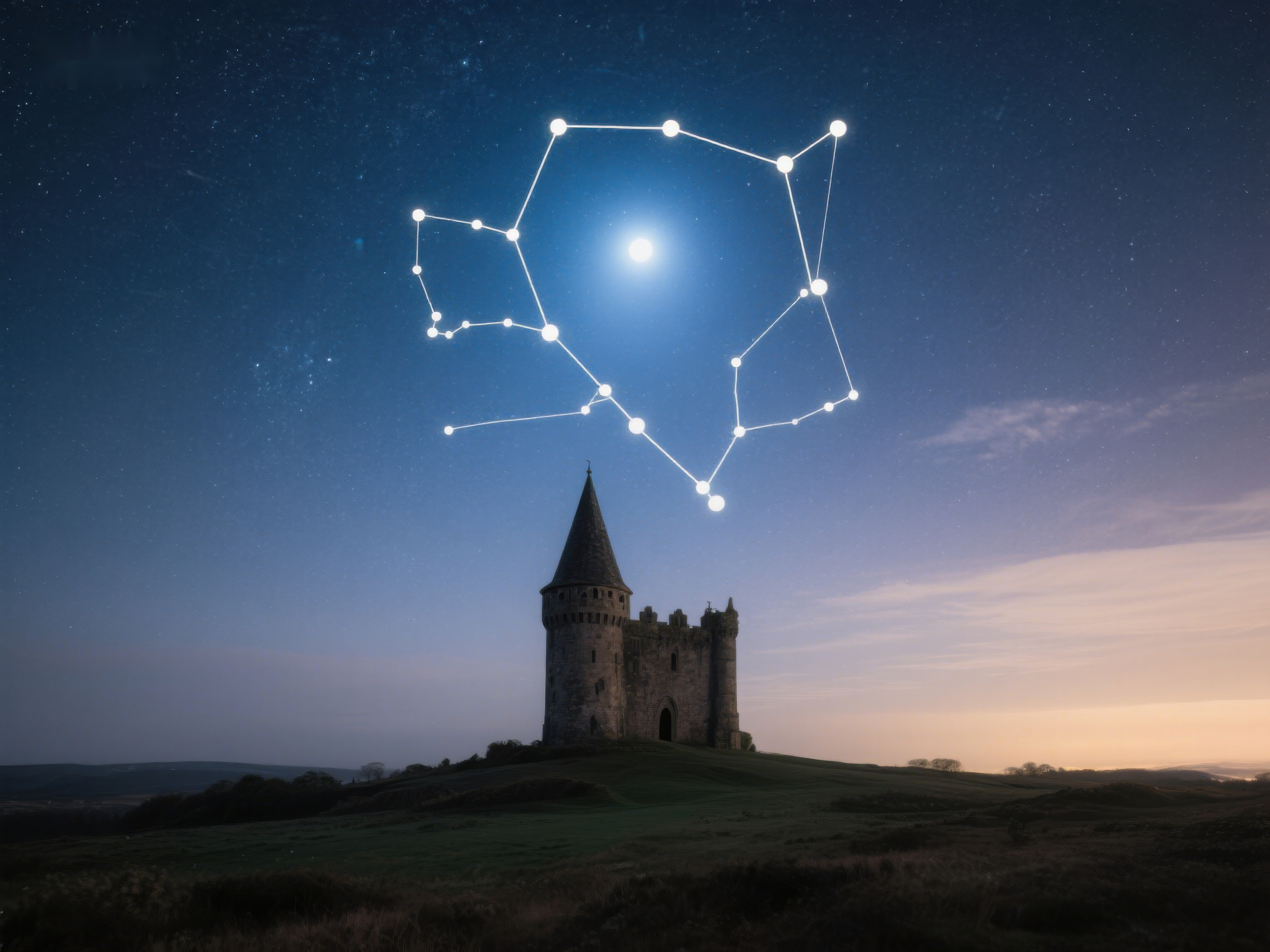星空下的古塔与星座素材