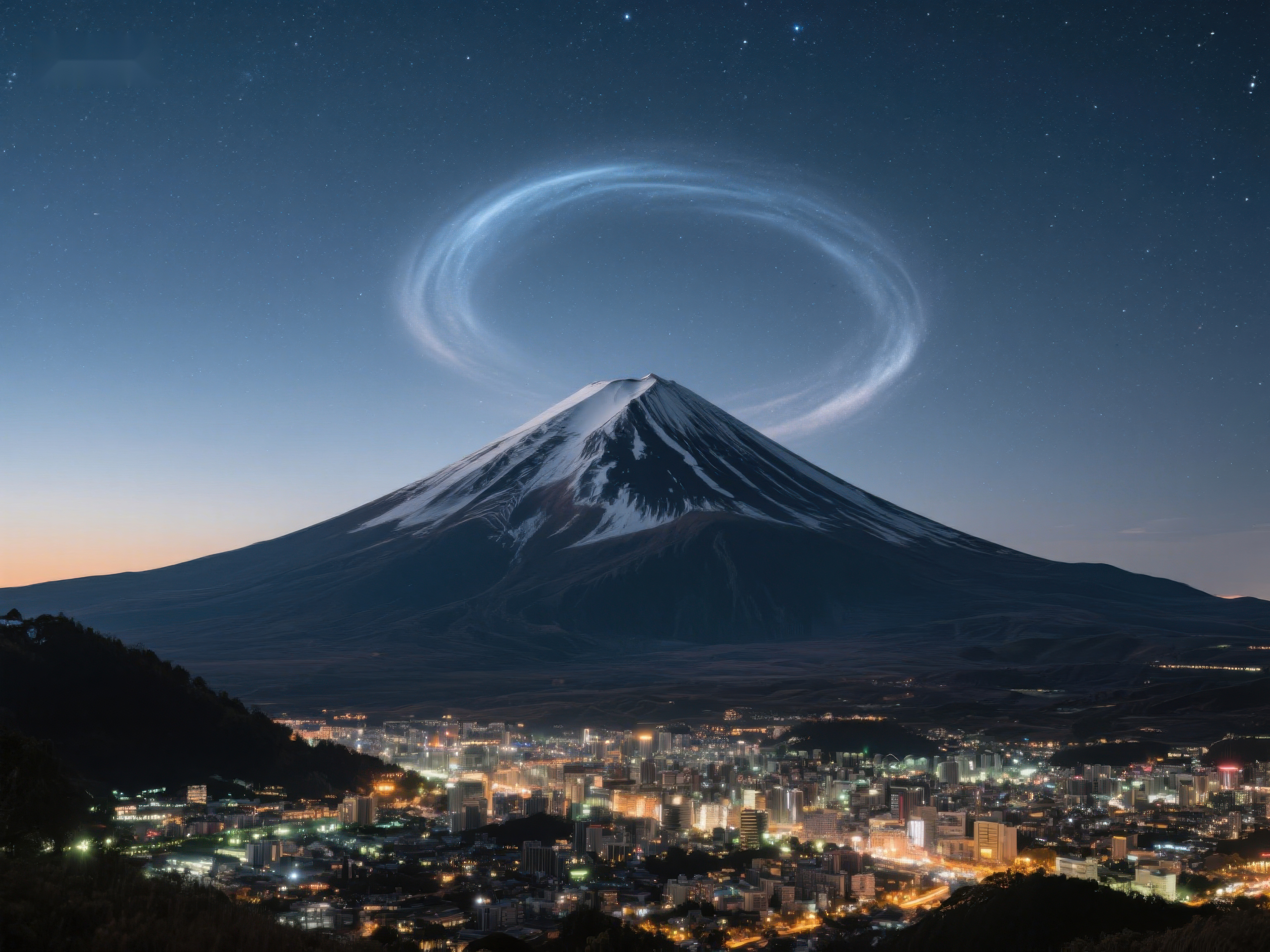 富士山夜景与神秘光环素材