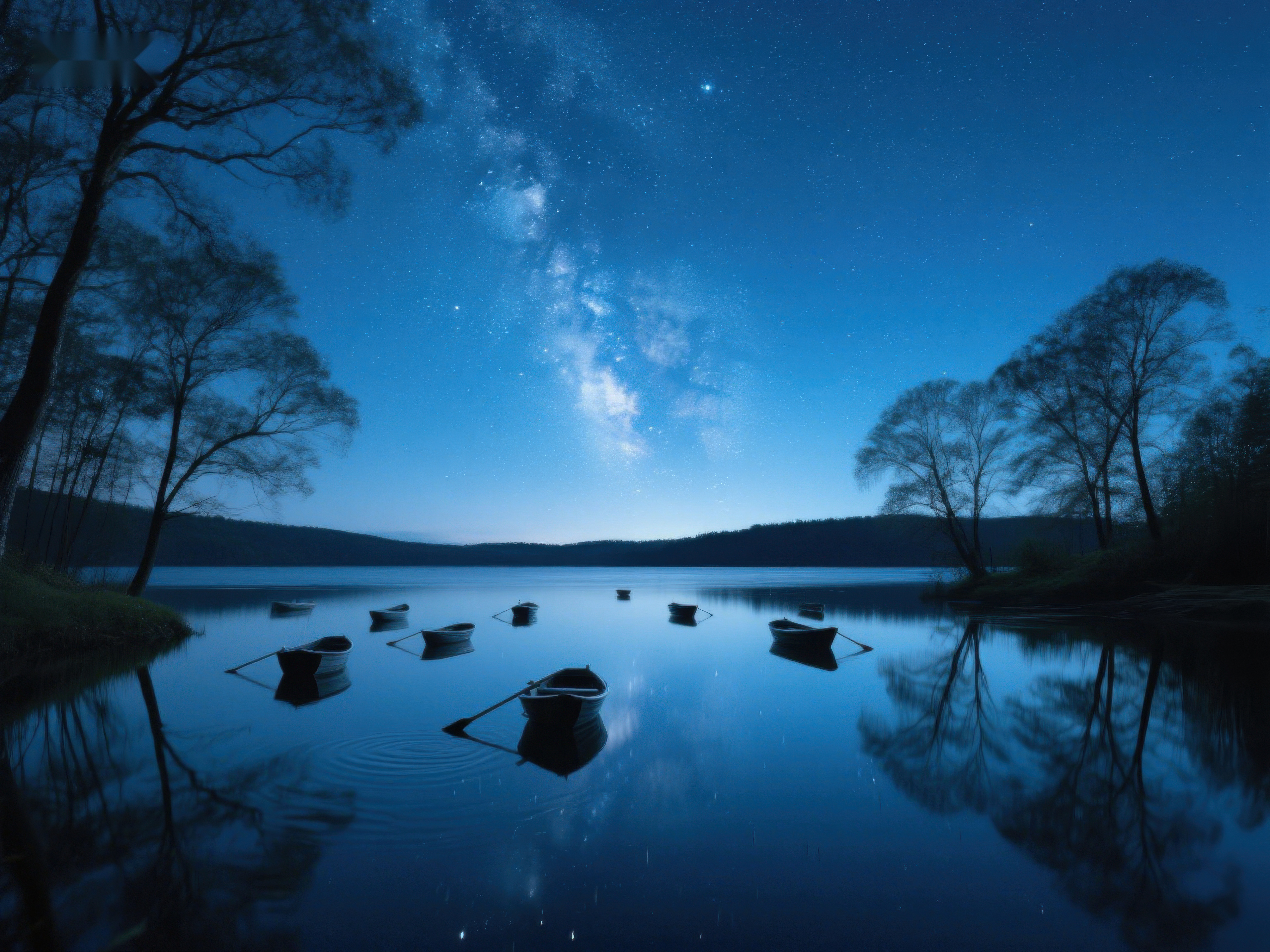 夜空下的静谧湖面与漂浮小舟素材
