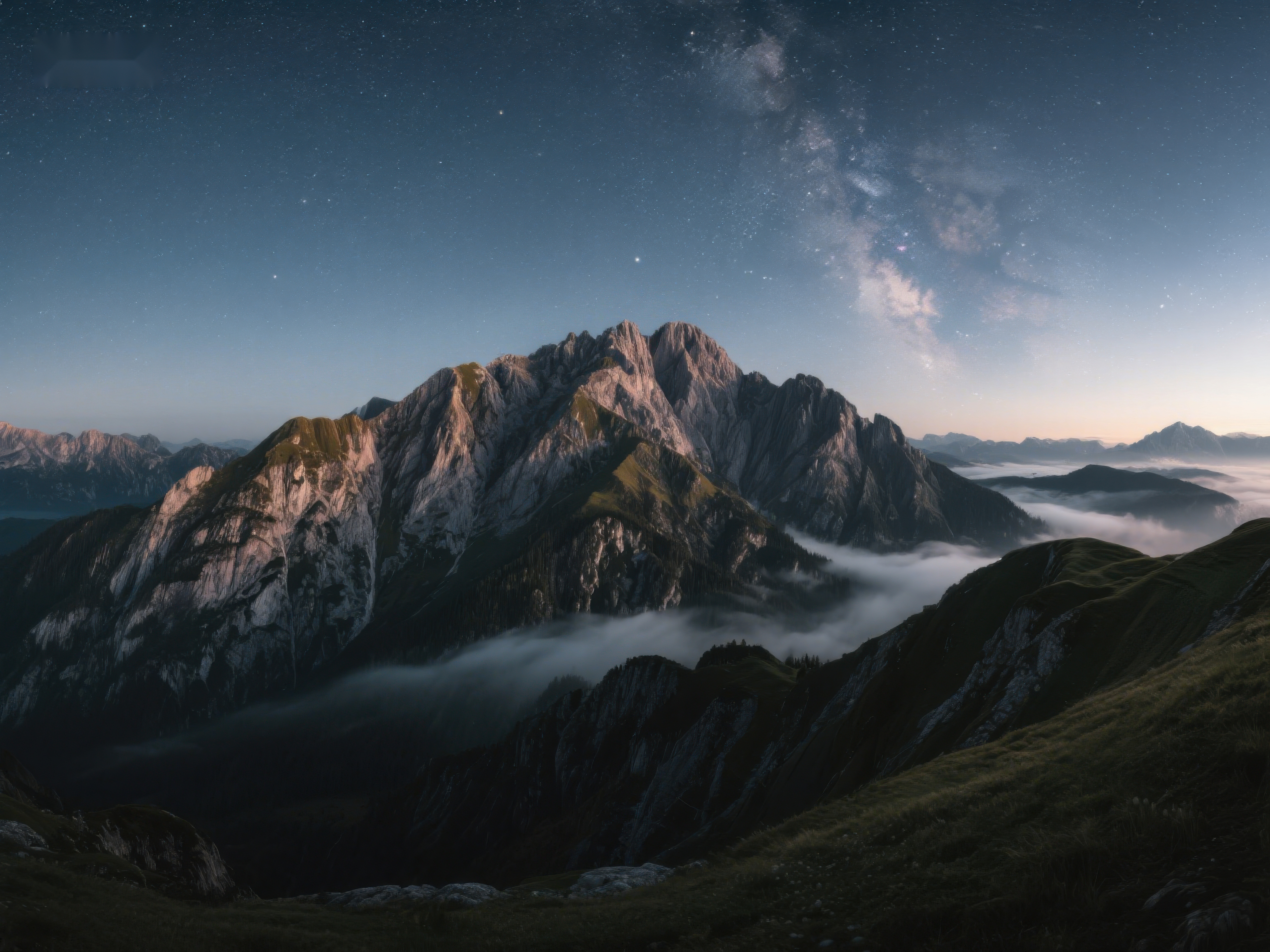 夜幕下的山峰与银河素材