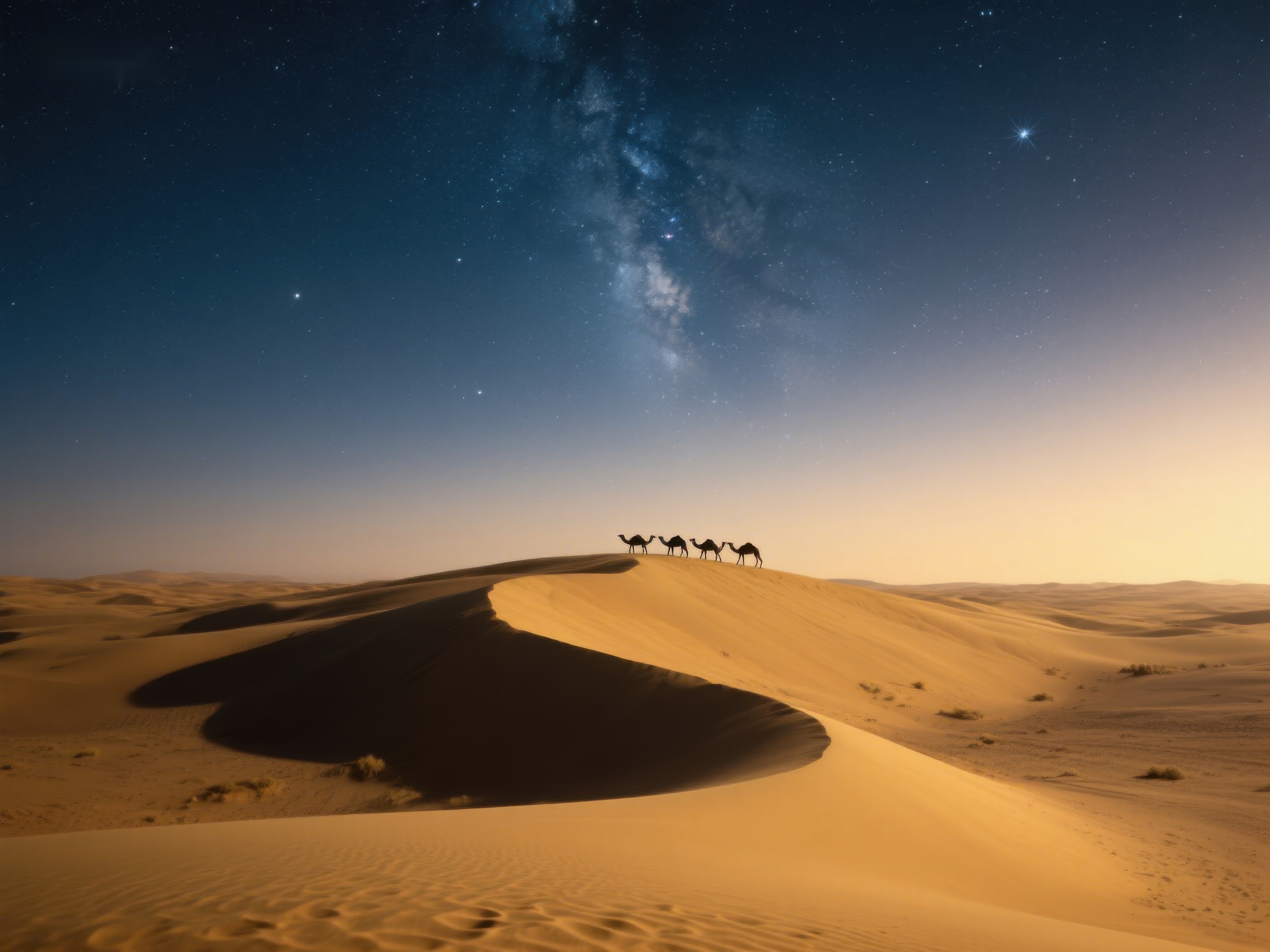 沙漠夜景骆驼队与银河素材