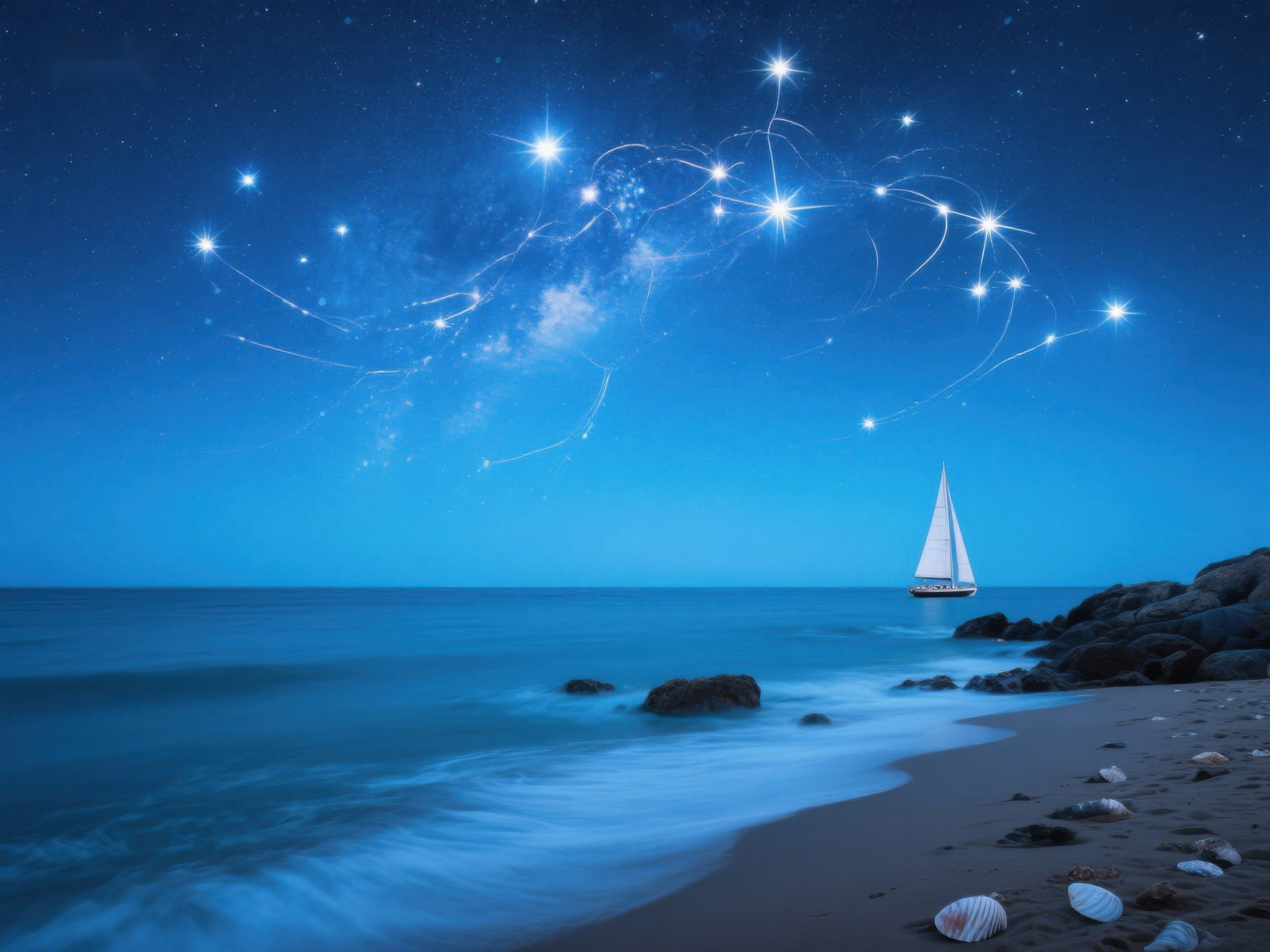 夜空星辰下的帆船与海滩素材
