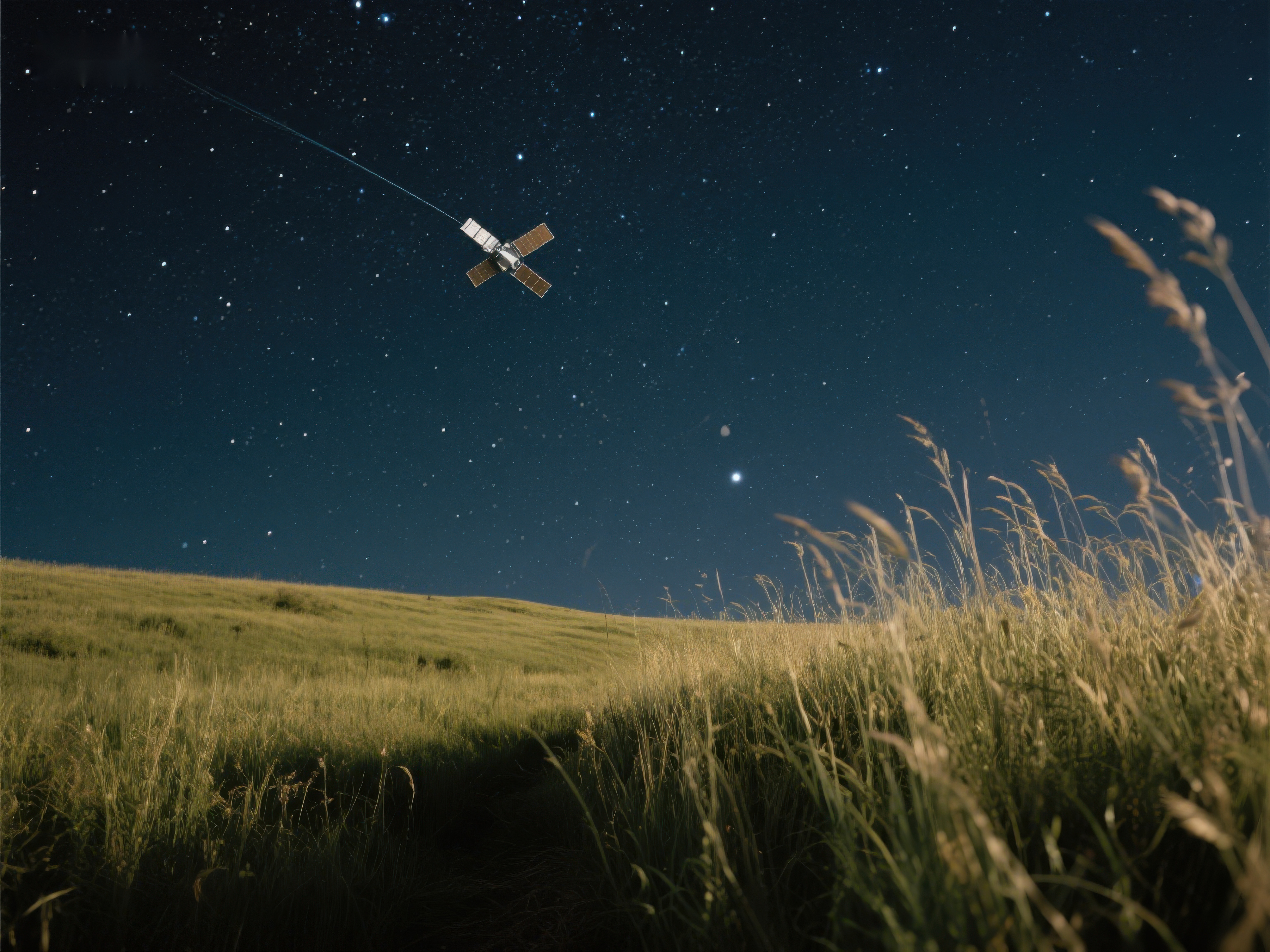 夜空下的卫星与草地素材