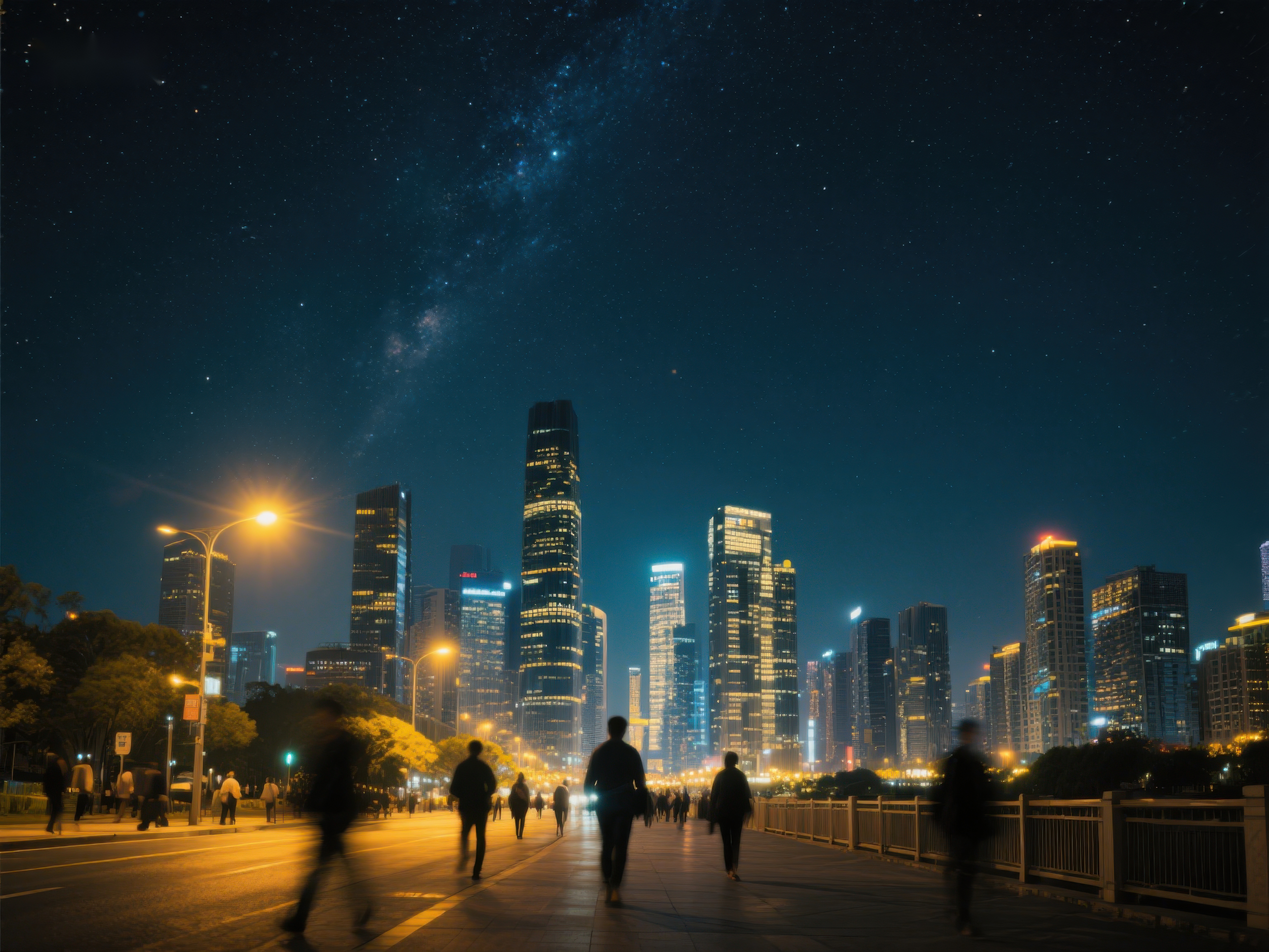 夜幕下的城市天际线与星空素材