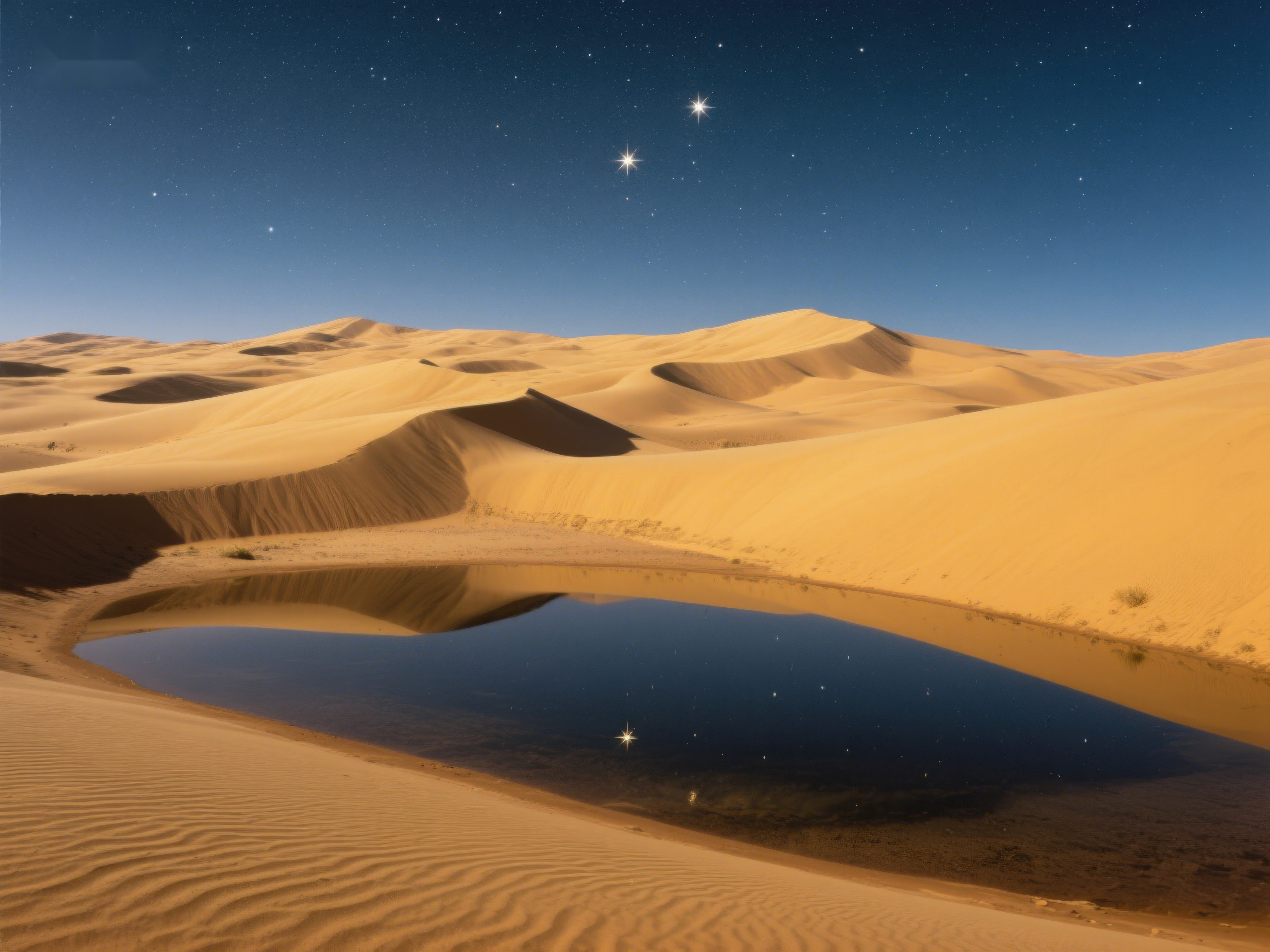 沙漠夜景沙丘与星空下的静谧池塘素材