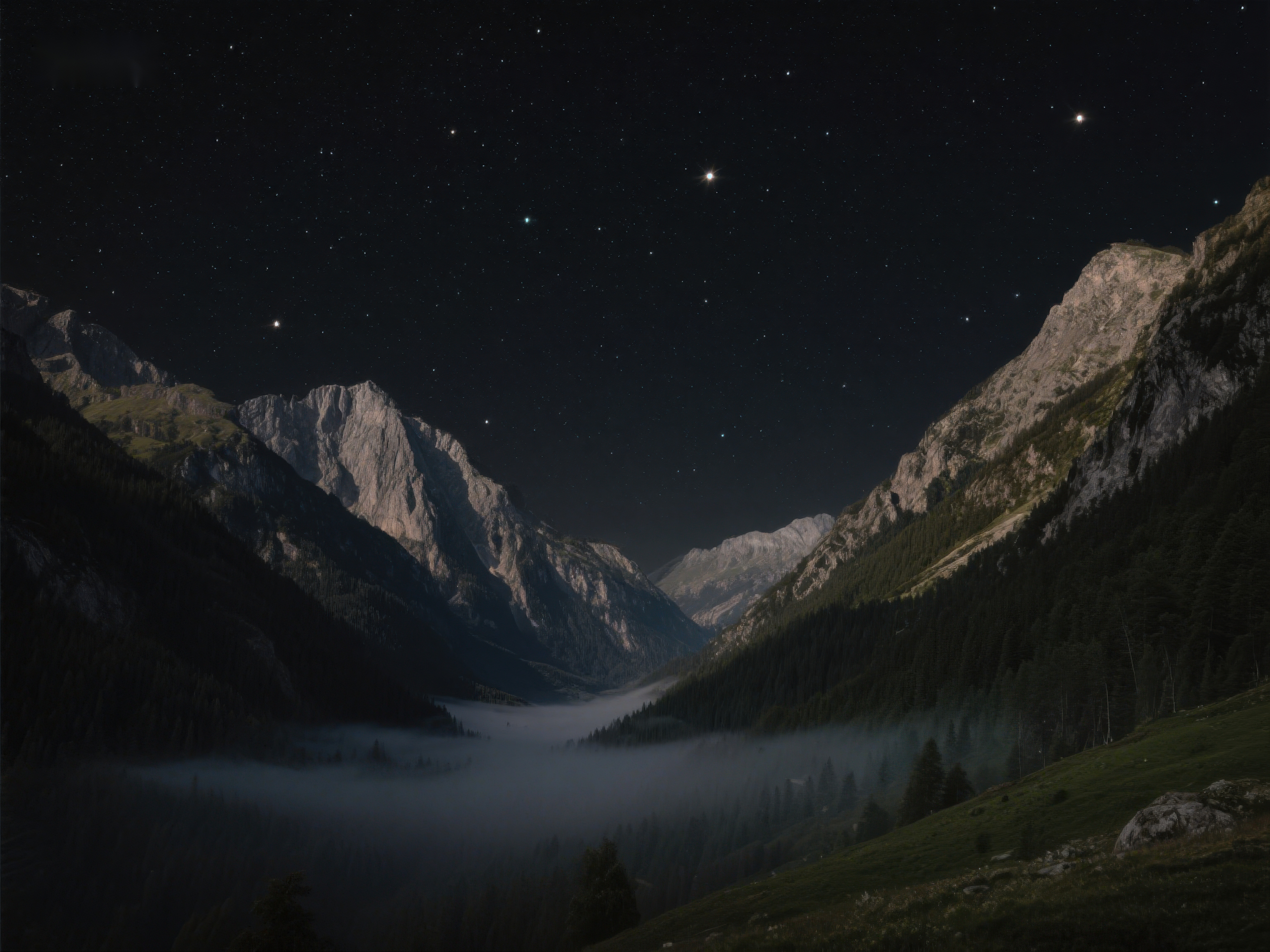 星夜山谷云雾缭绕素材