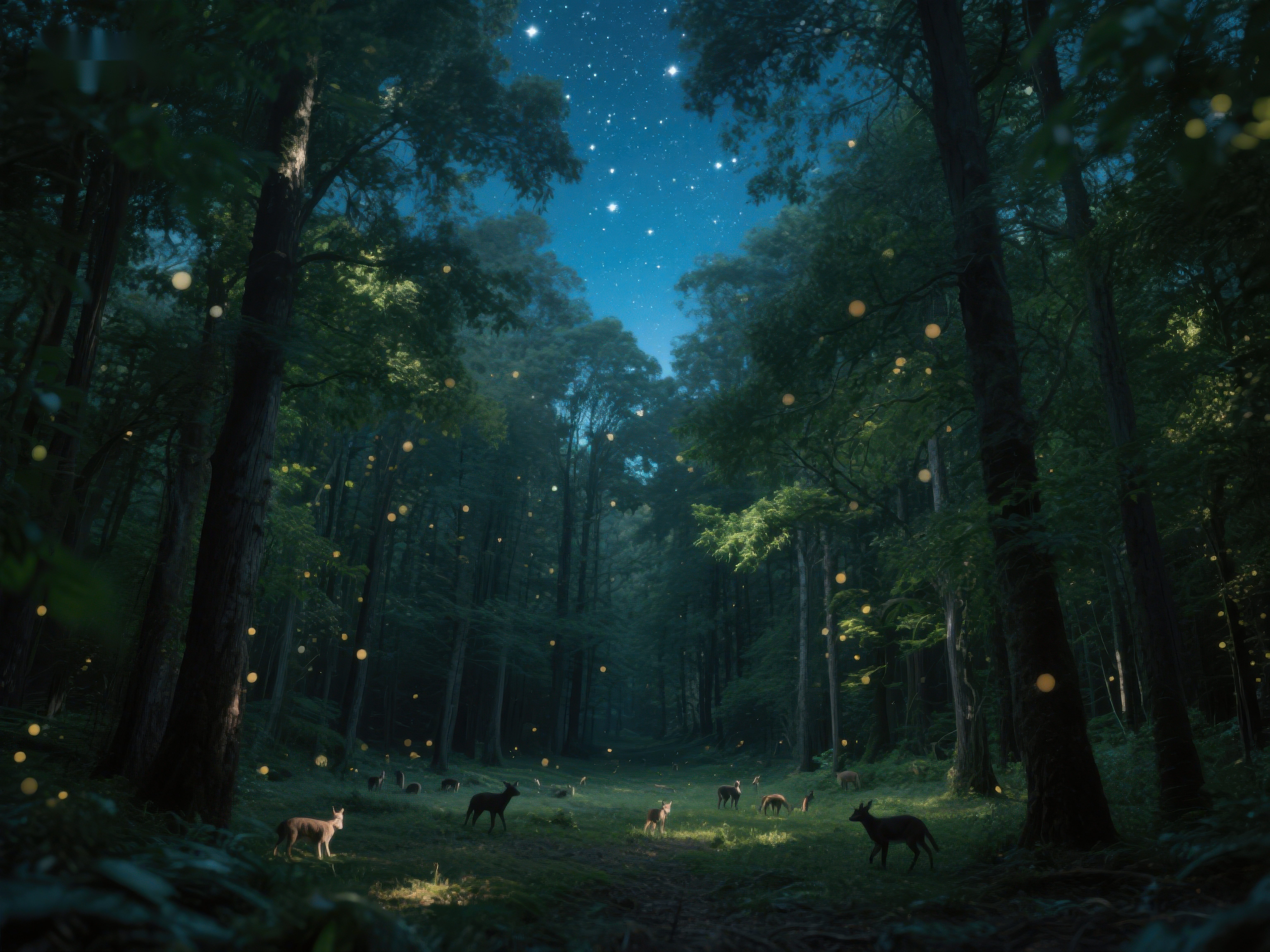 夜幕森林萤火虫与鹿群素材