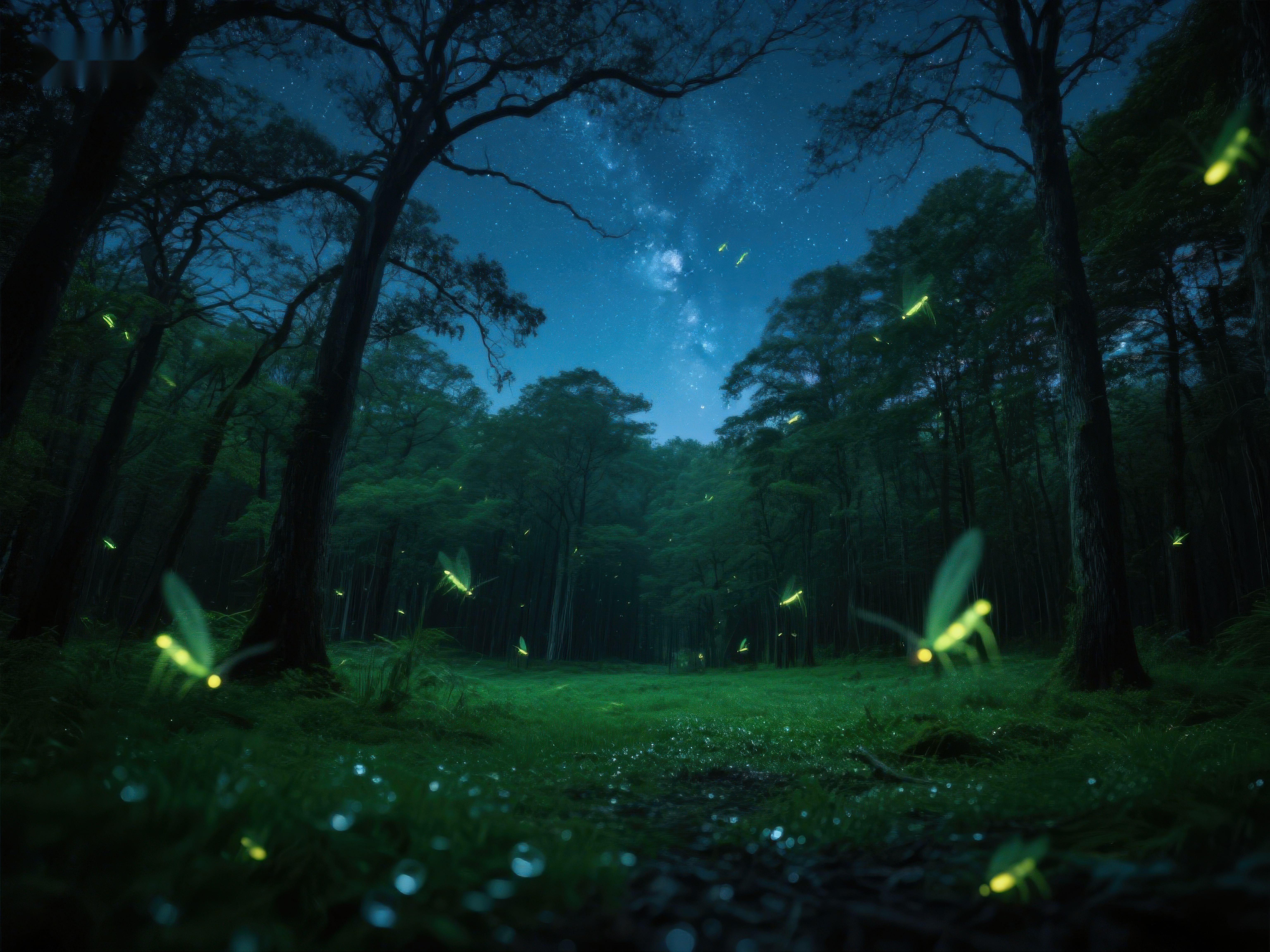 夜空下萤火虫飞舞的森林素材