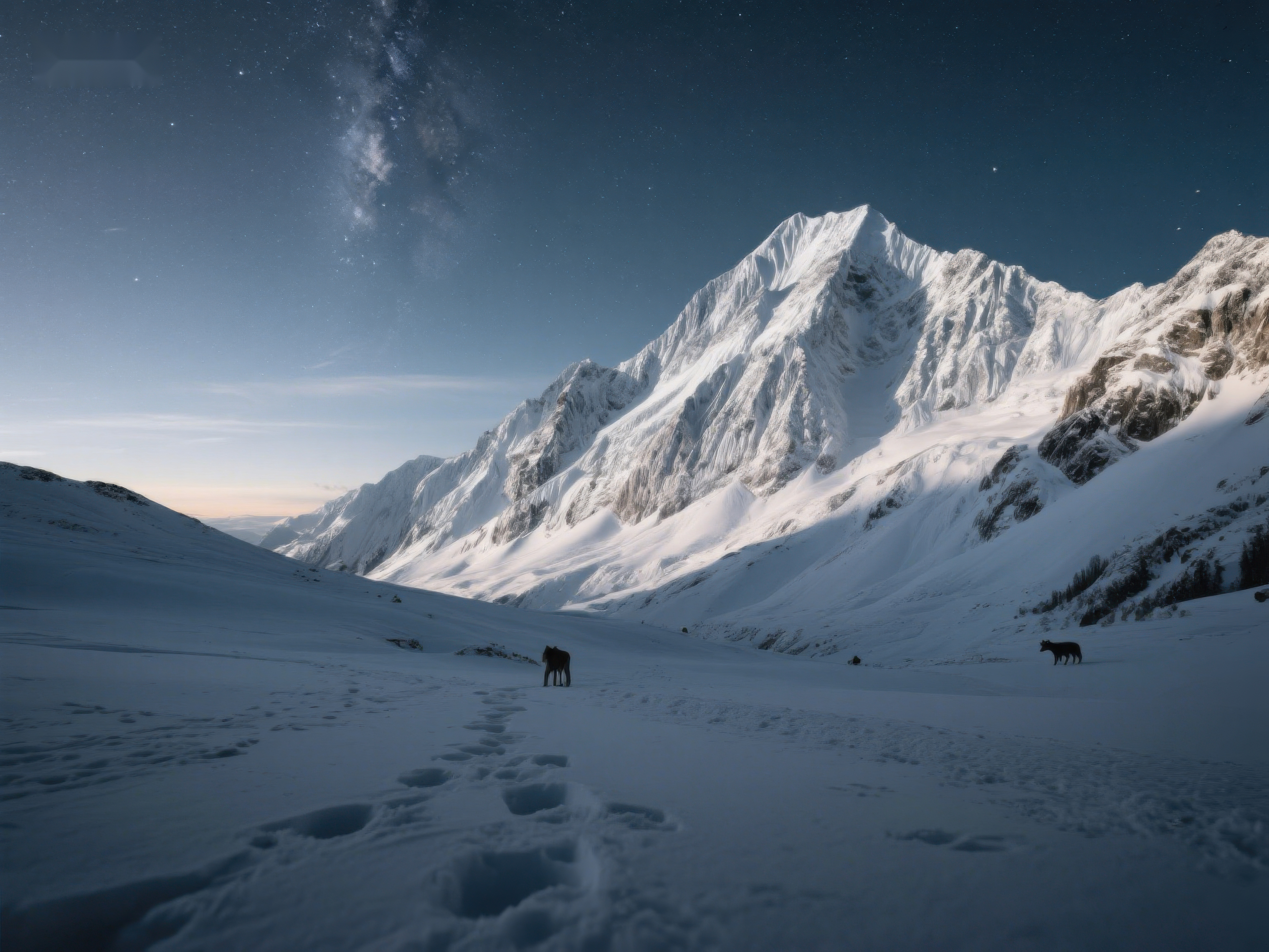 雪山夜景银河下的足迹素材