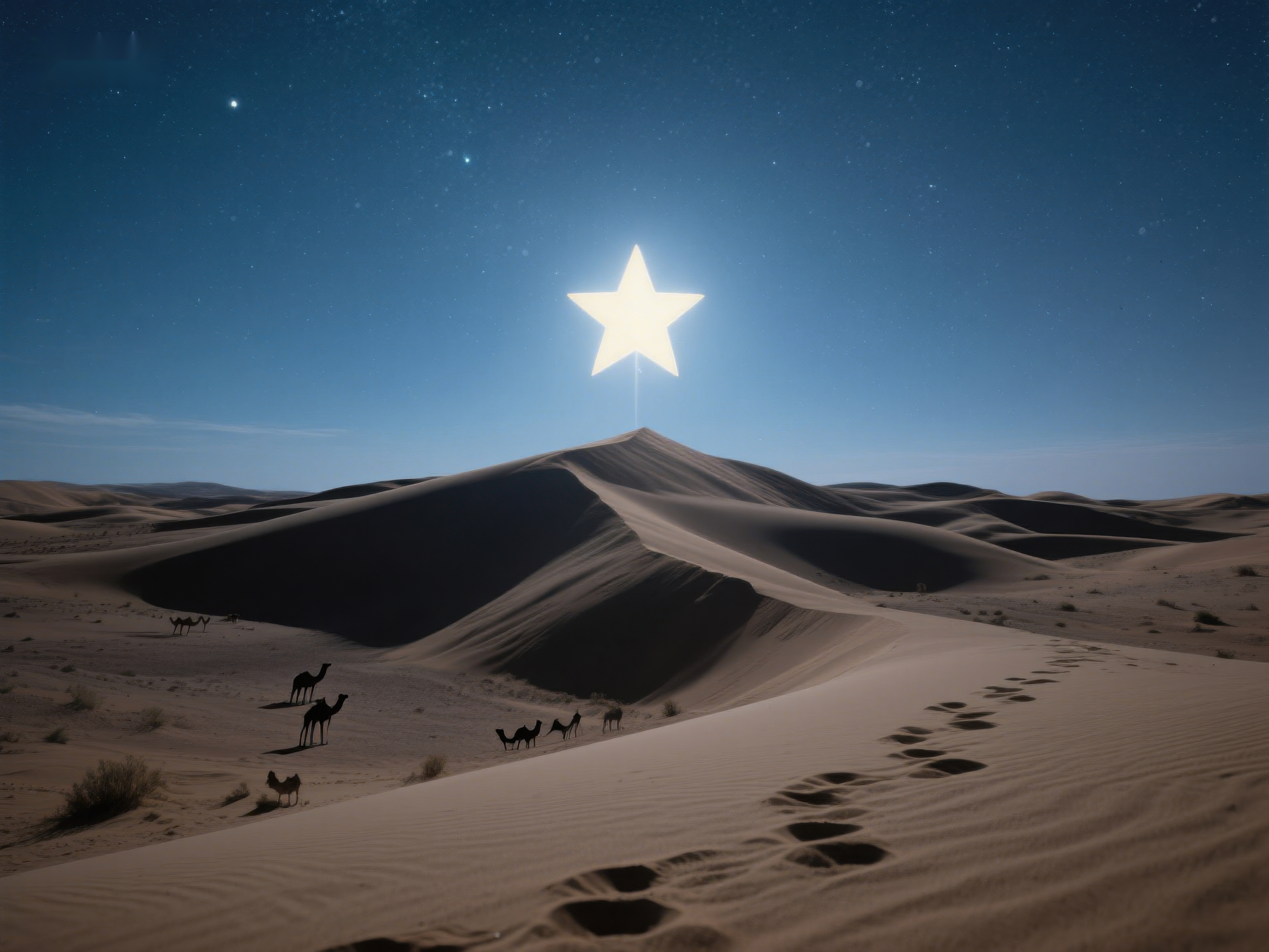沙漠夜景明星指引驼队前行素材