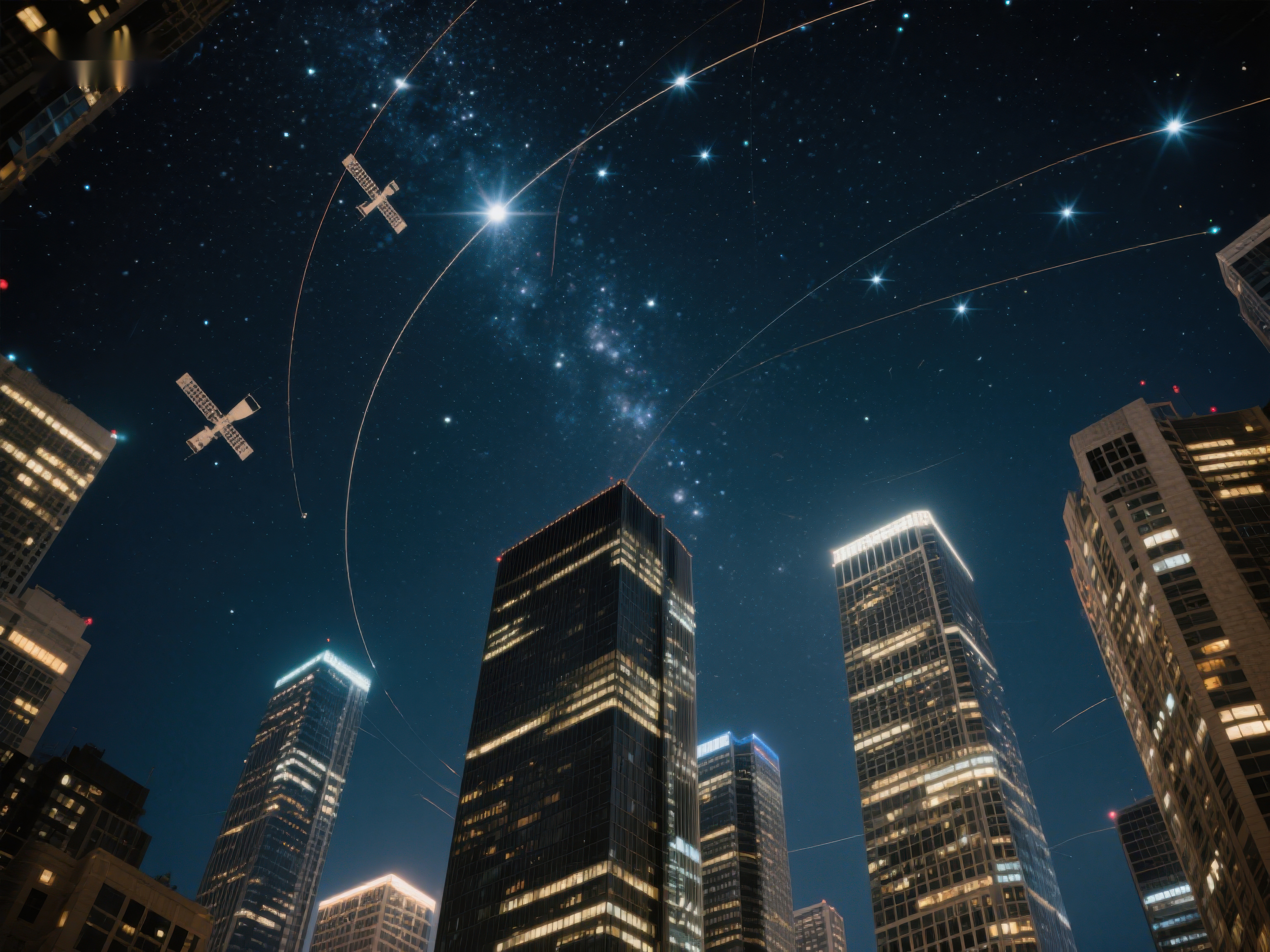 夜空下的城市与卫星轨迹素材