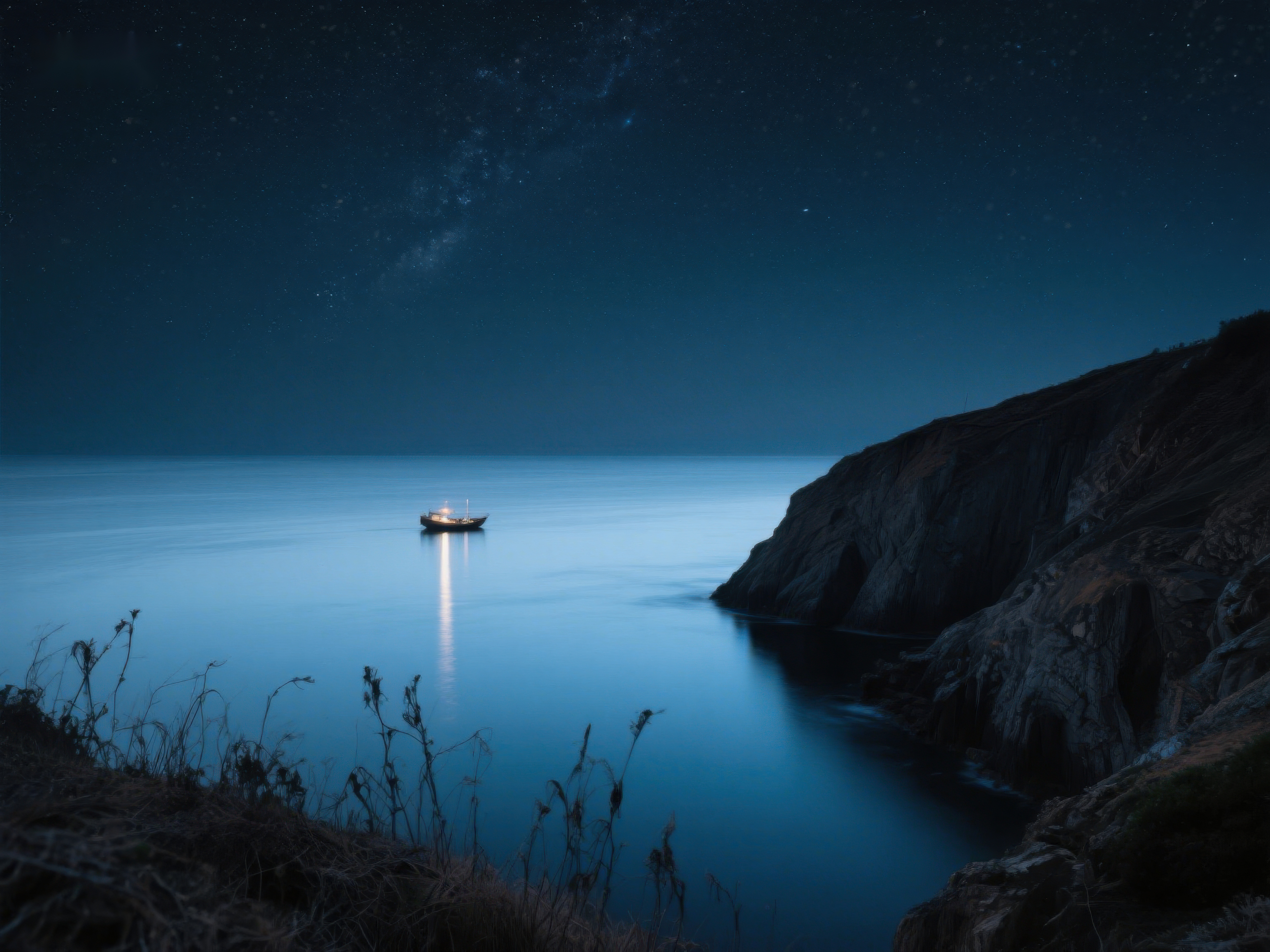 夜幕下的孤舟与星辰素材