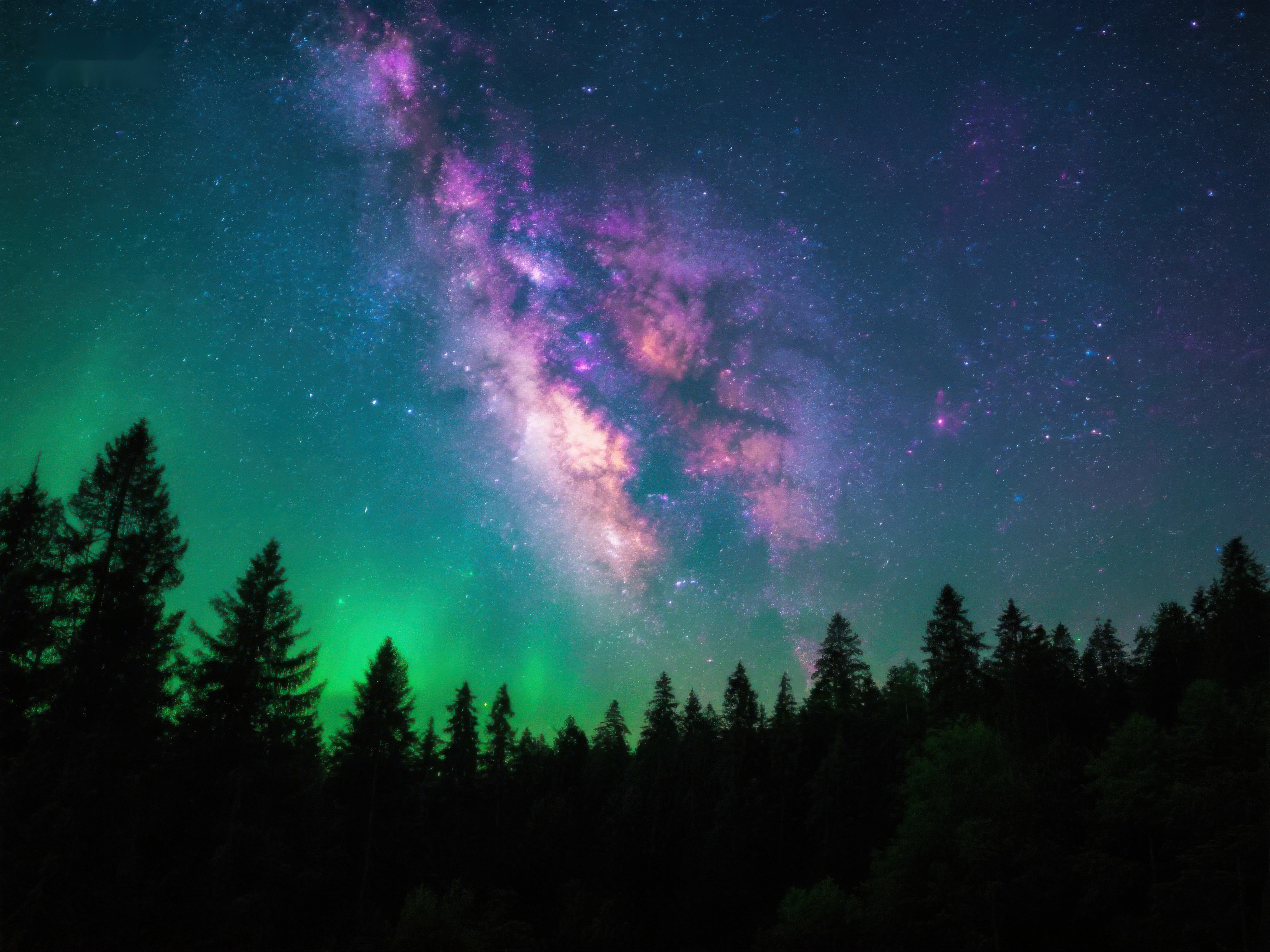 星空下的森林与极光素材