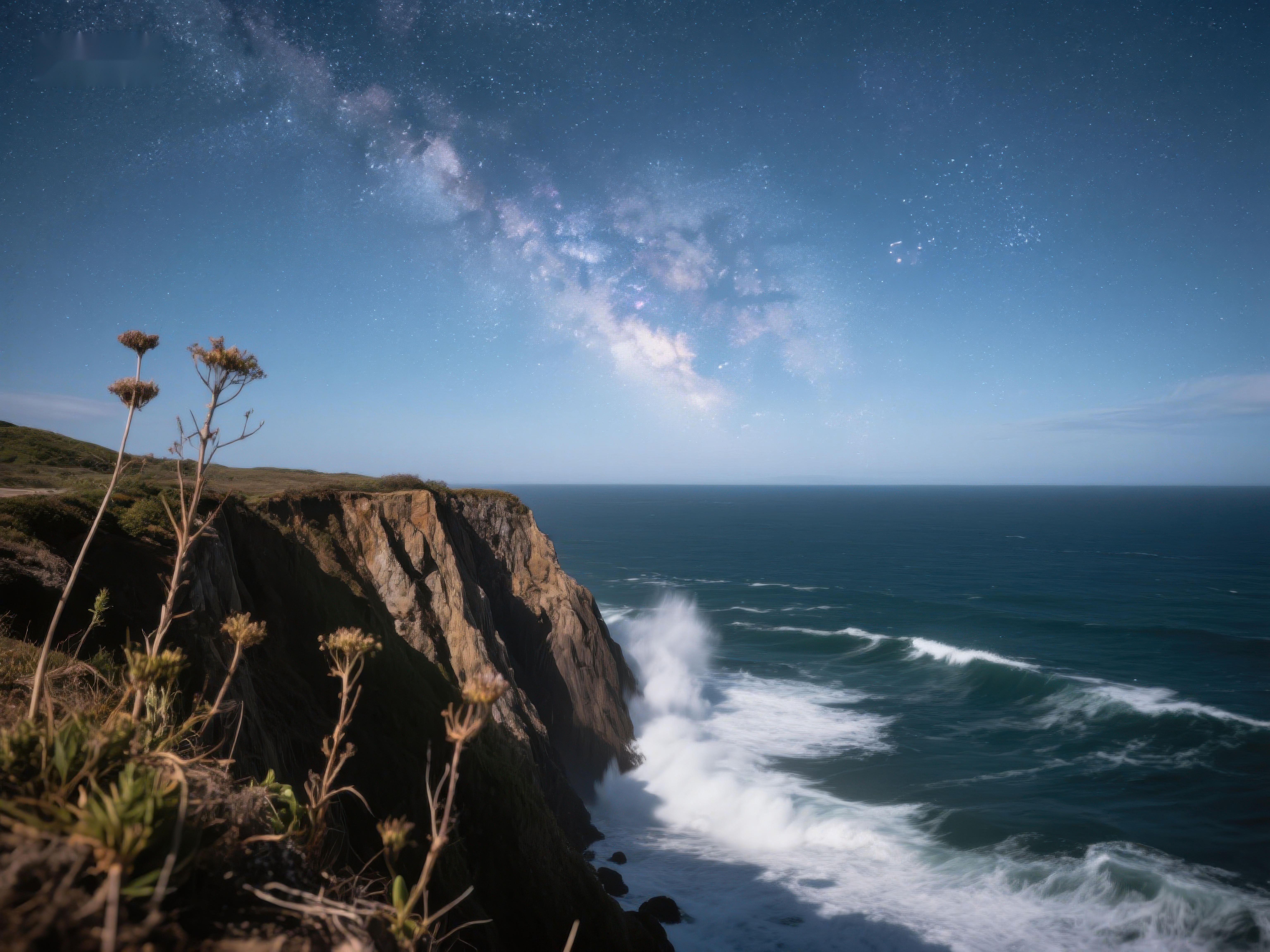 星空下的悬崖与海浪素材