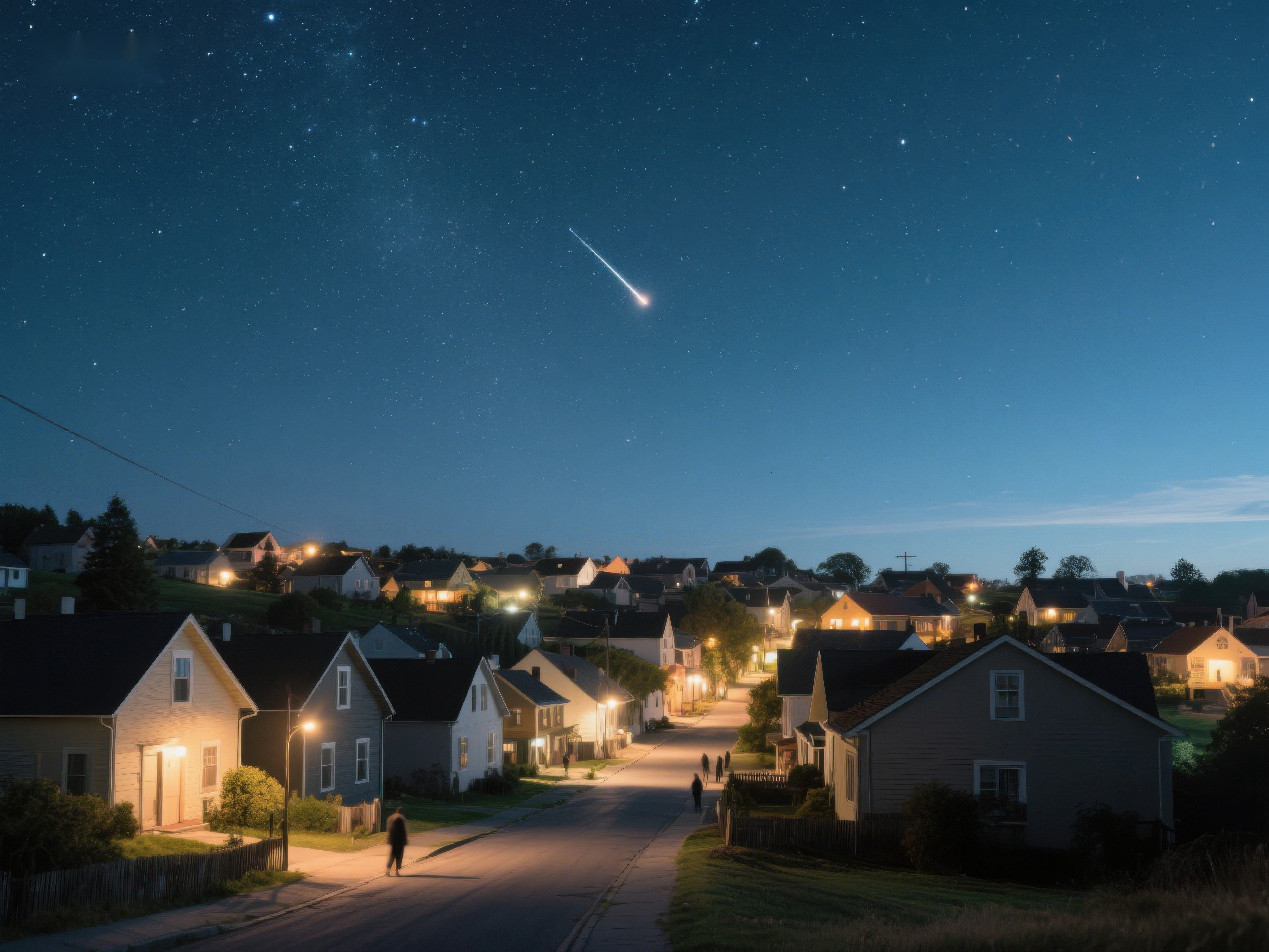 夜空流星划过宁静小镇素材