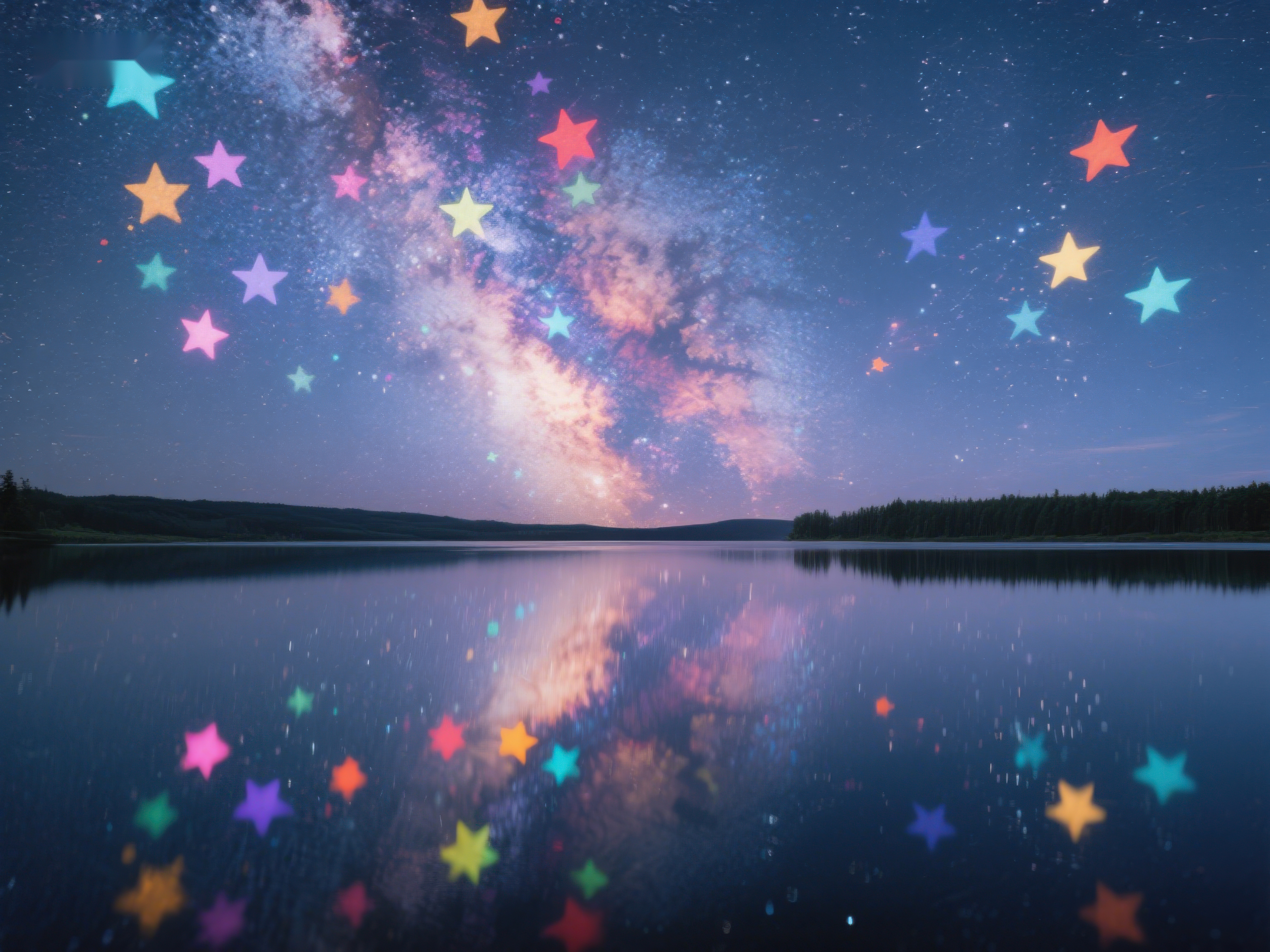 星空倒映湖面彩色星星点缀夜空素材