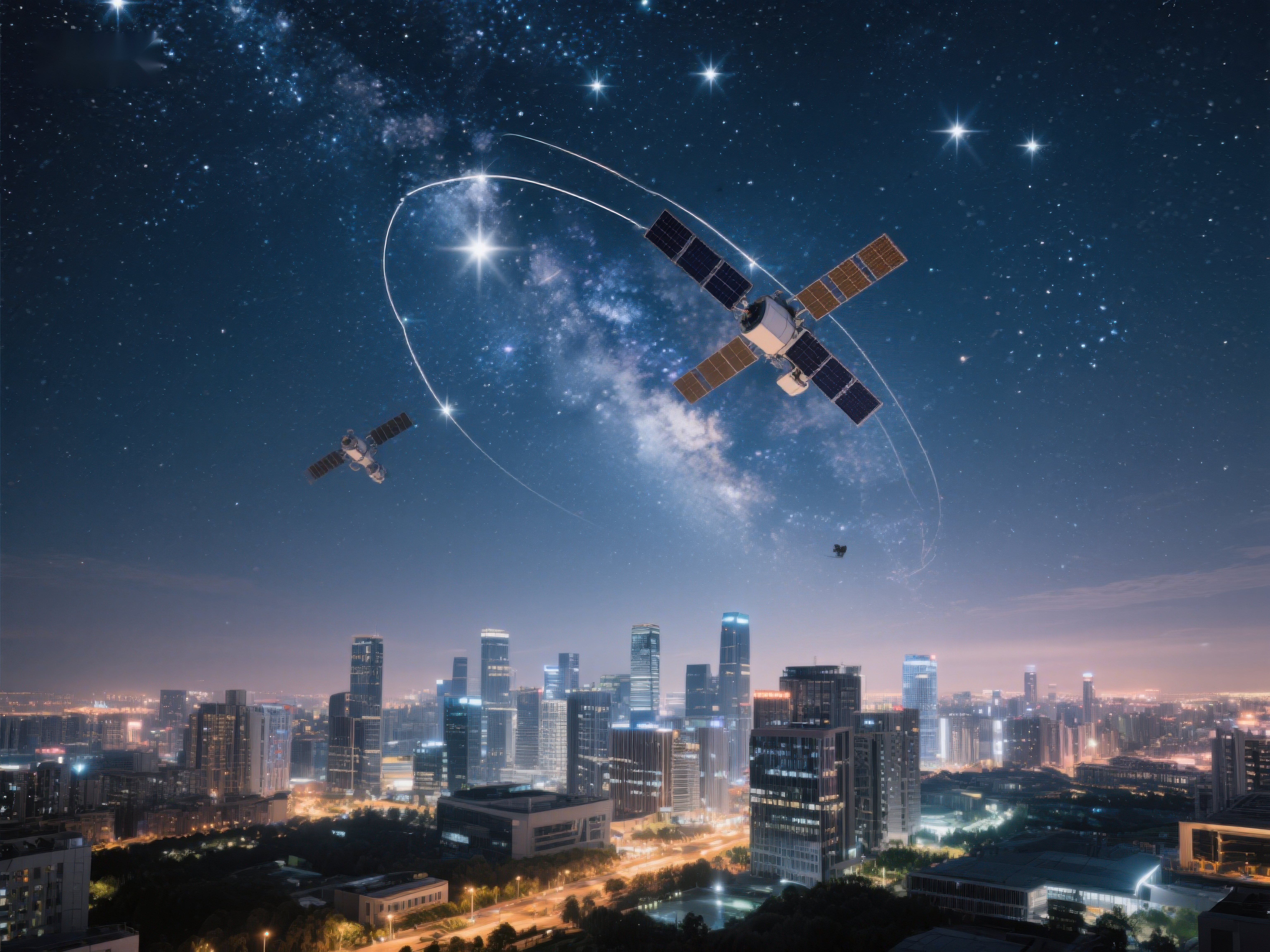 城市夜景与太空卫星素材