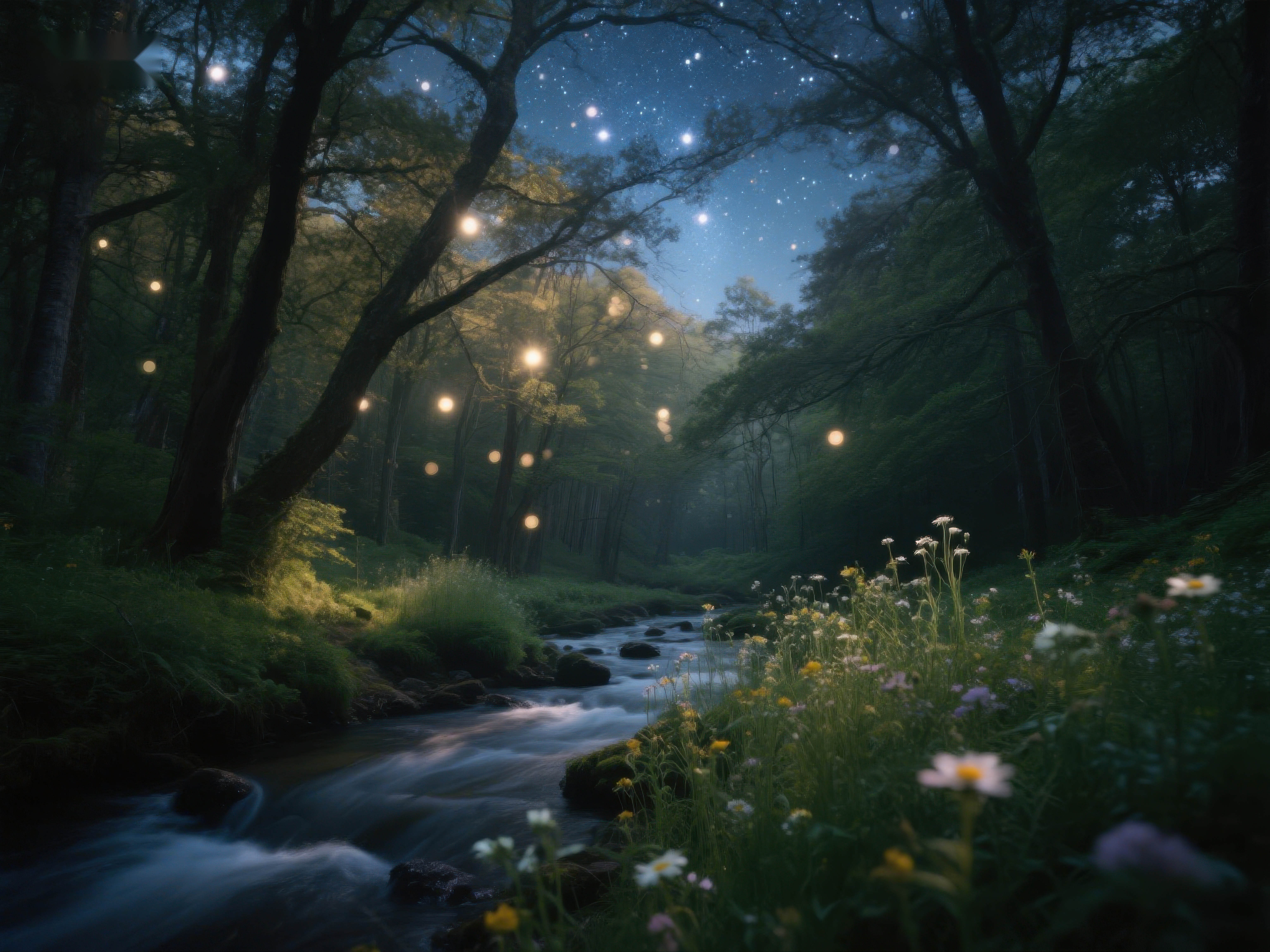 夜幕森林溪流星光点点素材