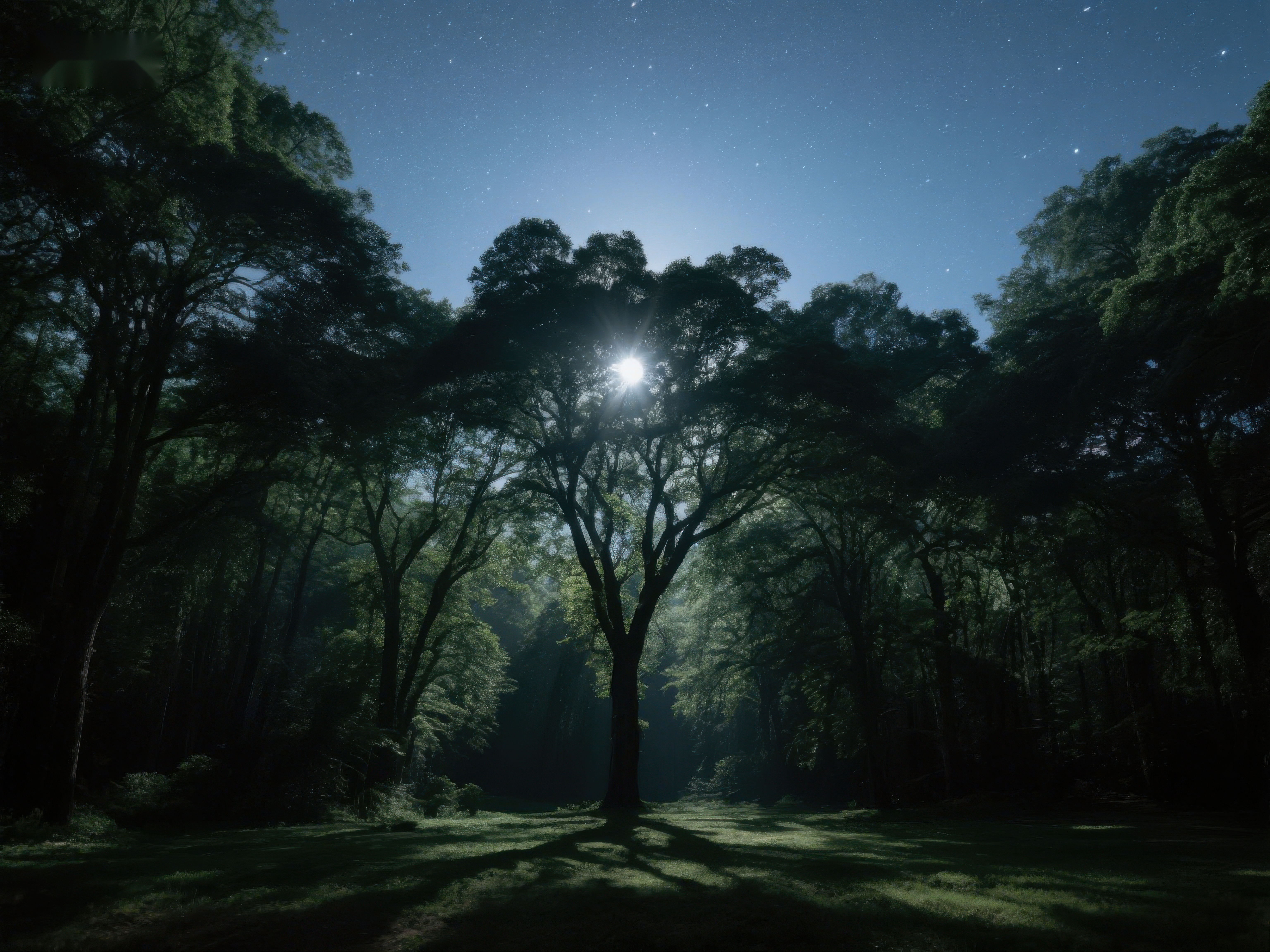 月光穿透树林的静谧夜景素材