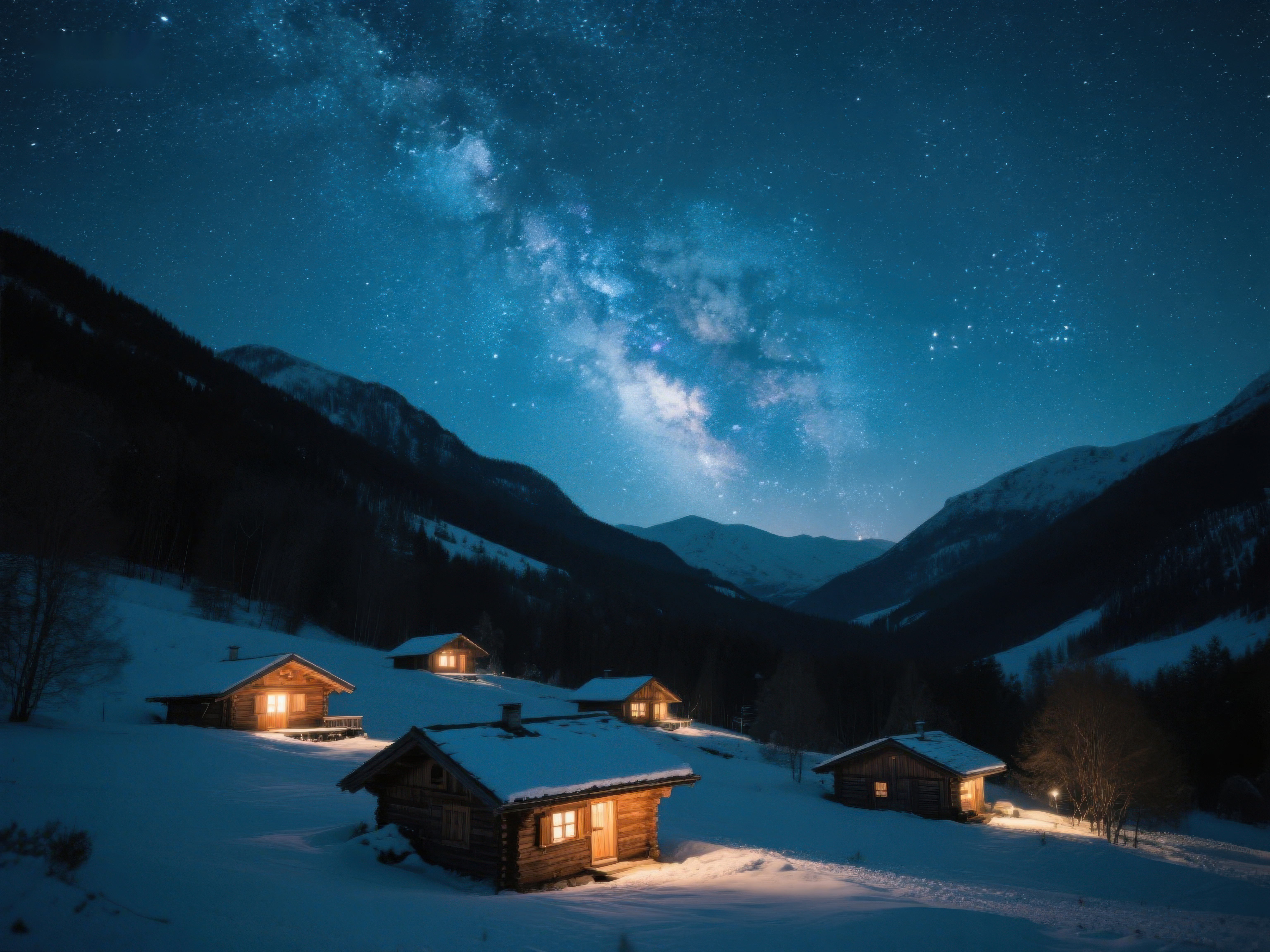 雪山夜景中的温暖木屋素材