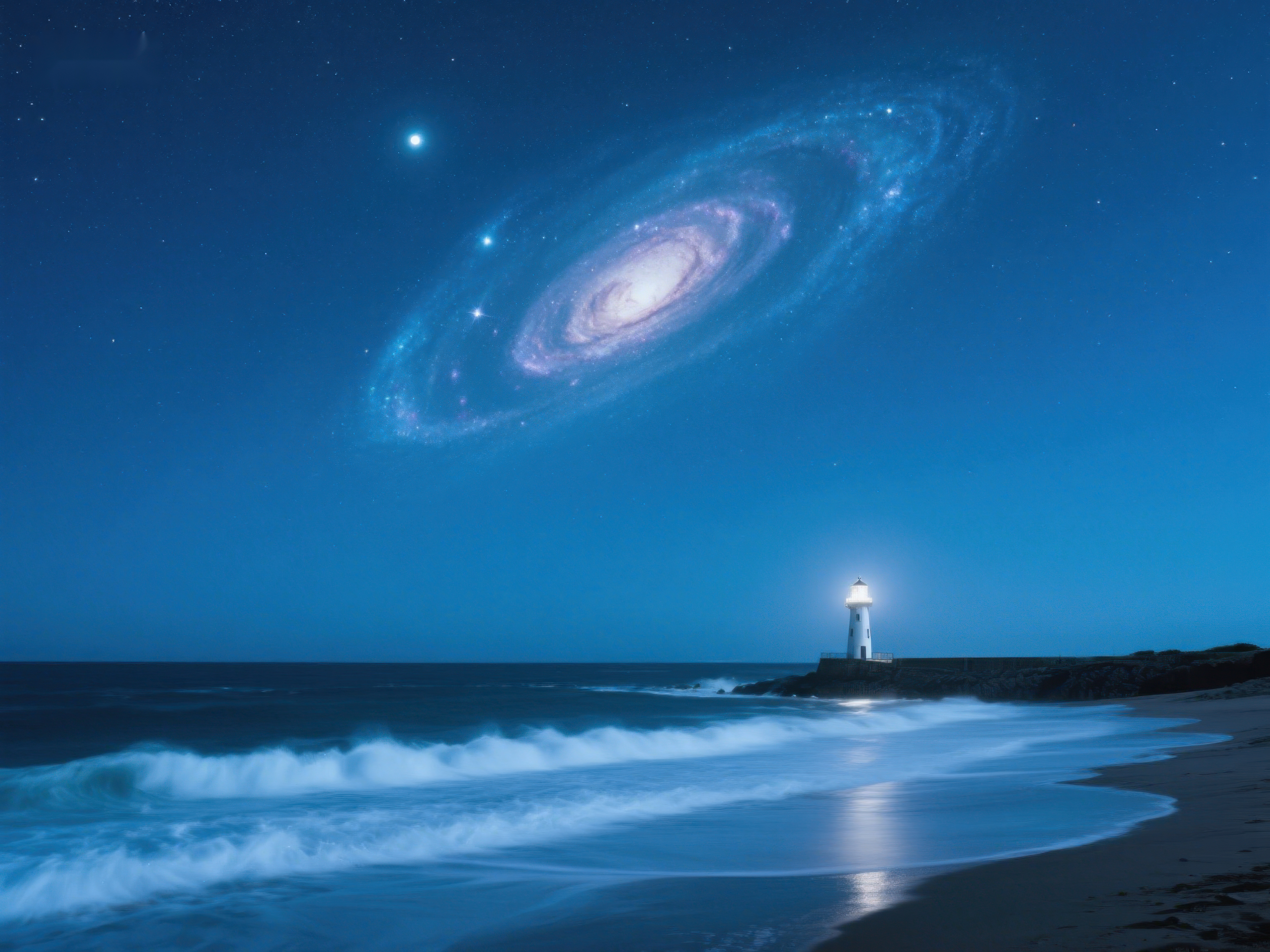 夜空下的灯塔与星系素材