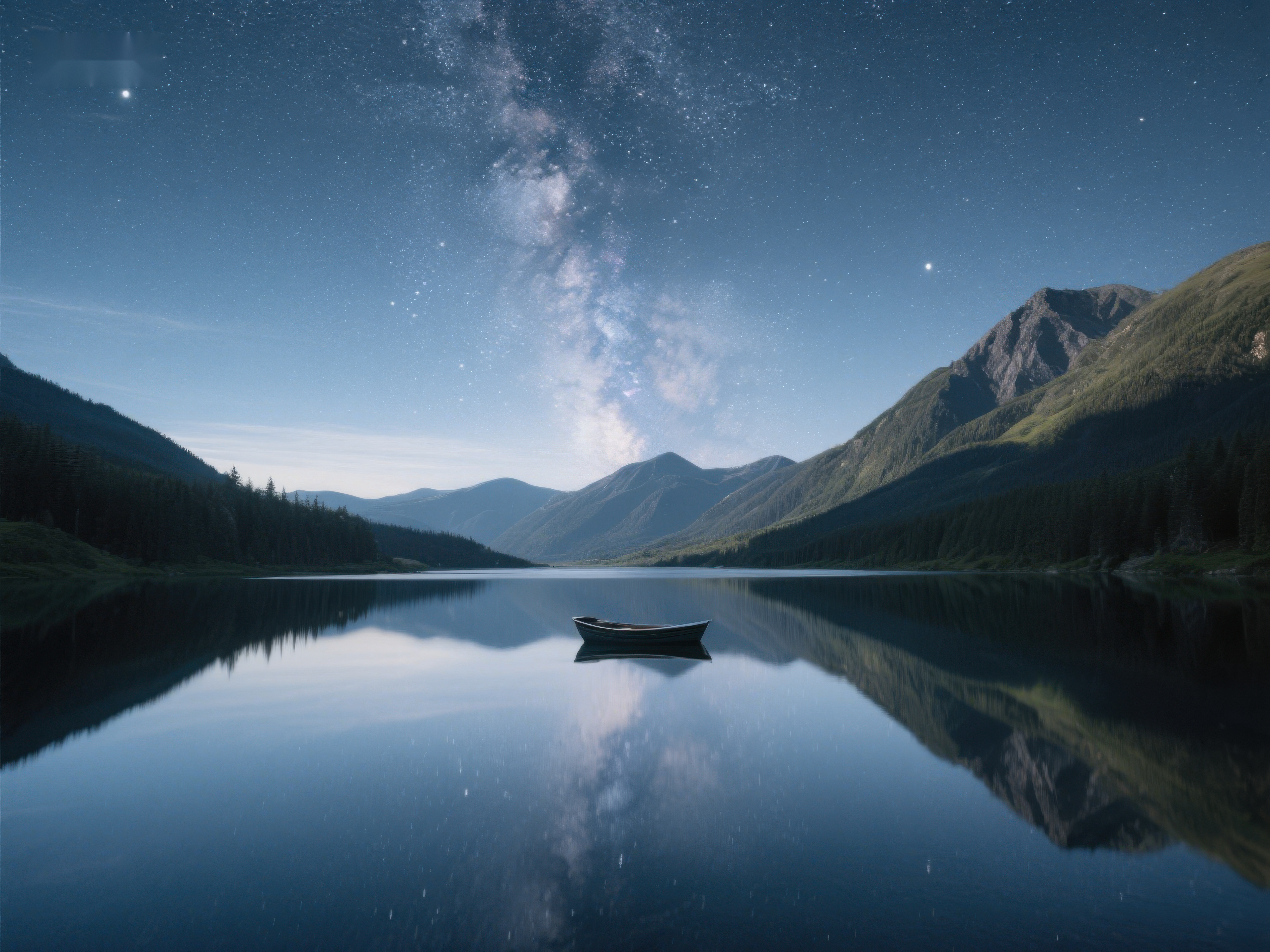 星河下的静谧湖面与独舟素材