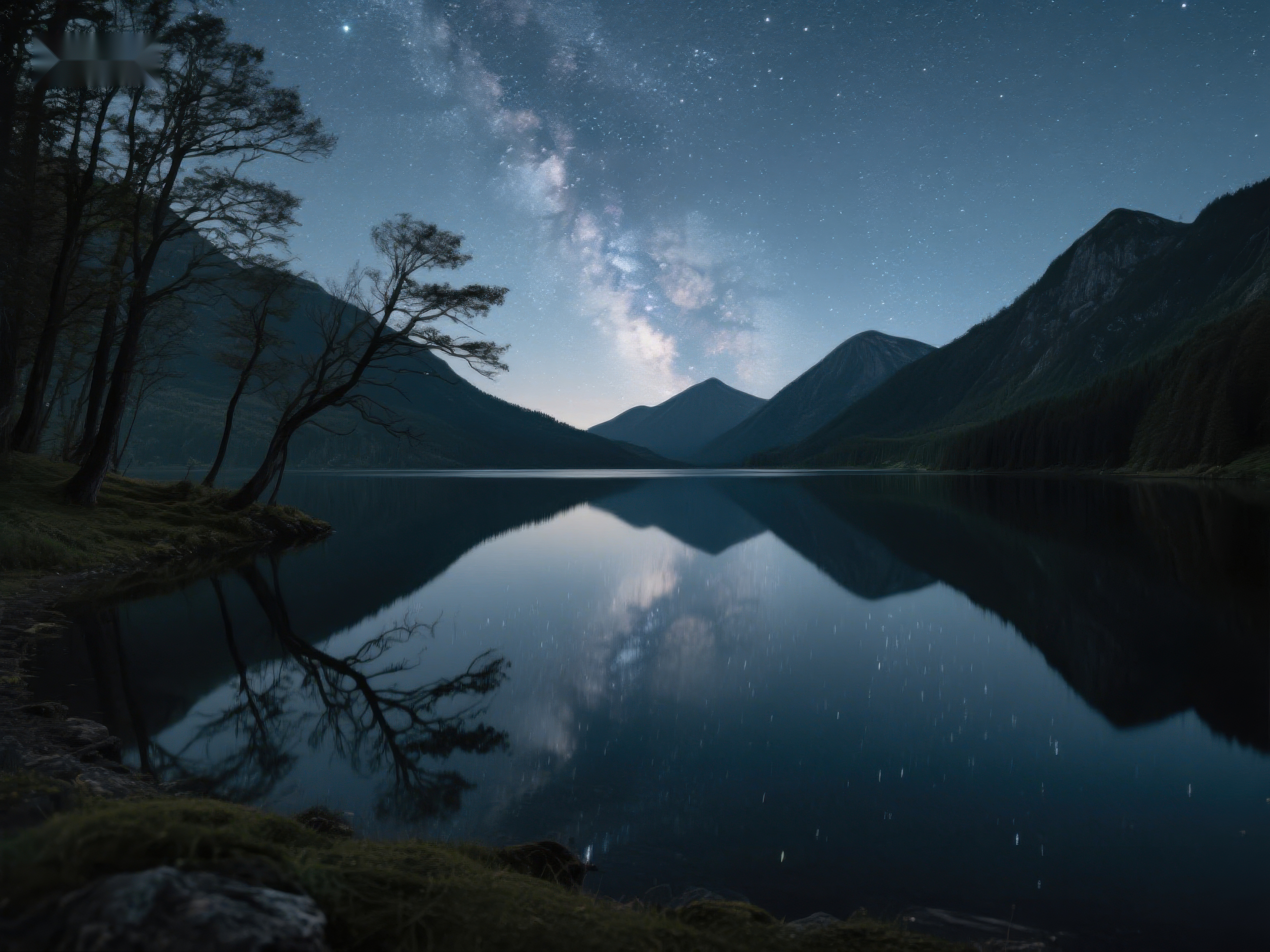 夜空银河映湖面山林静谧如梦素材