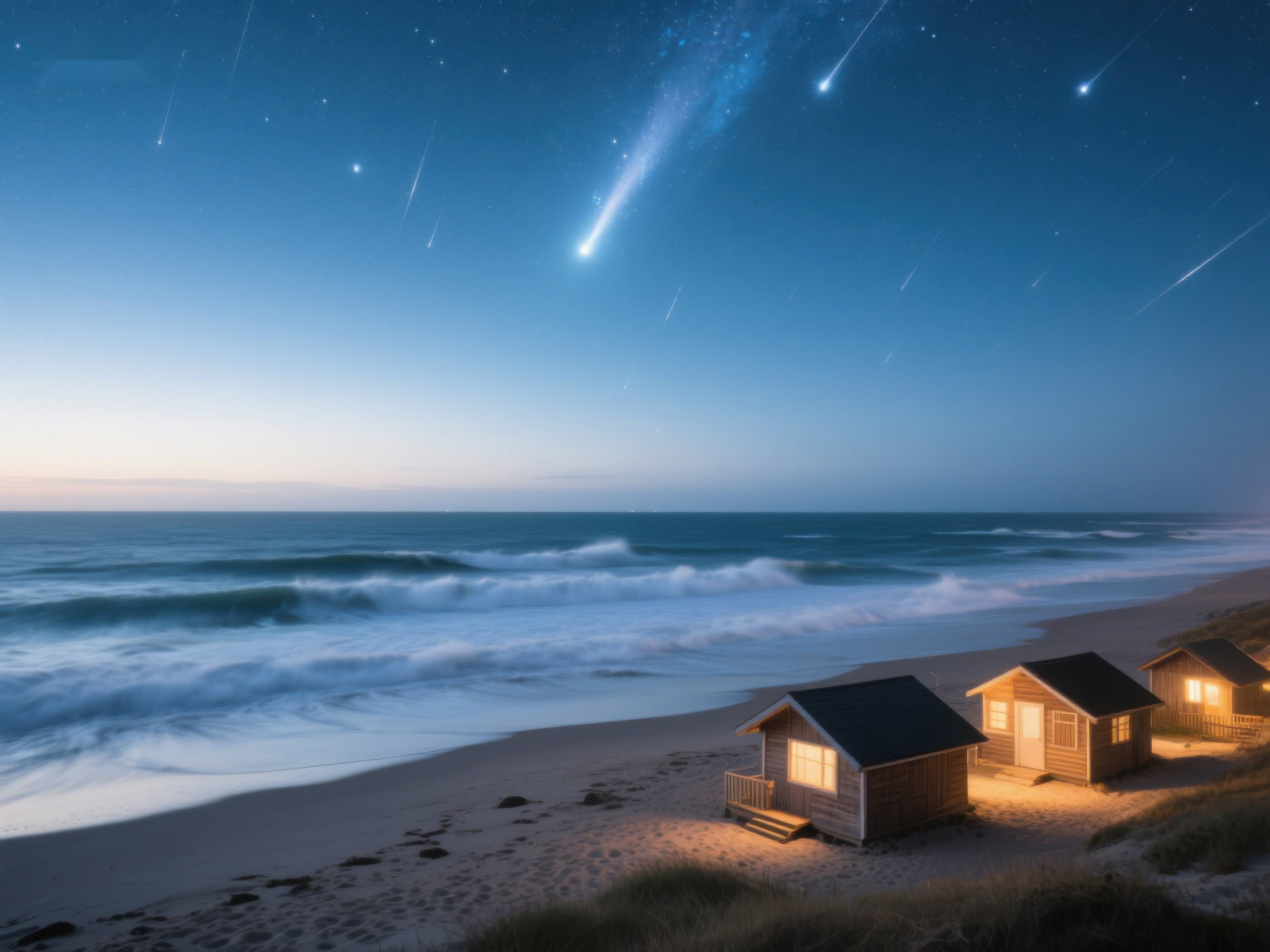海滩小屋夜景流星划过星空素材