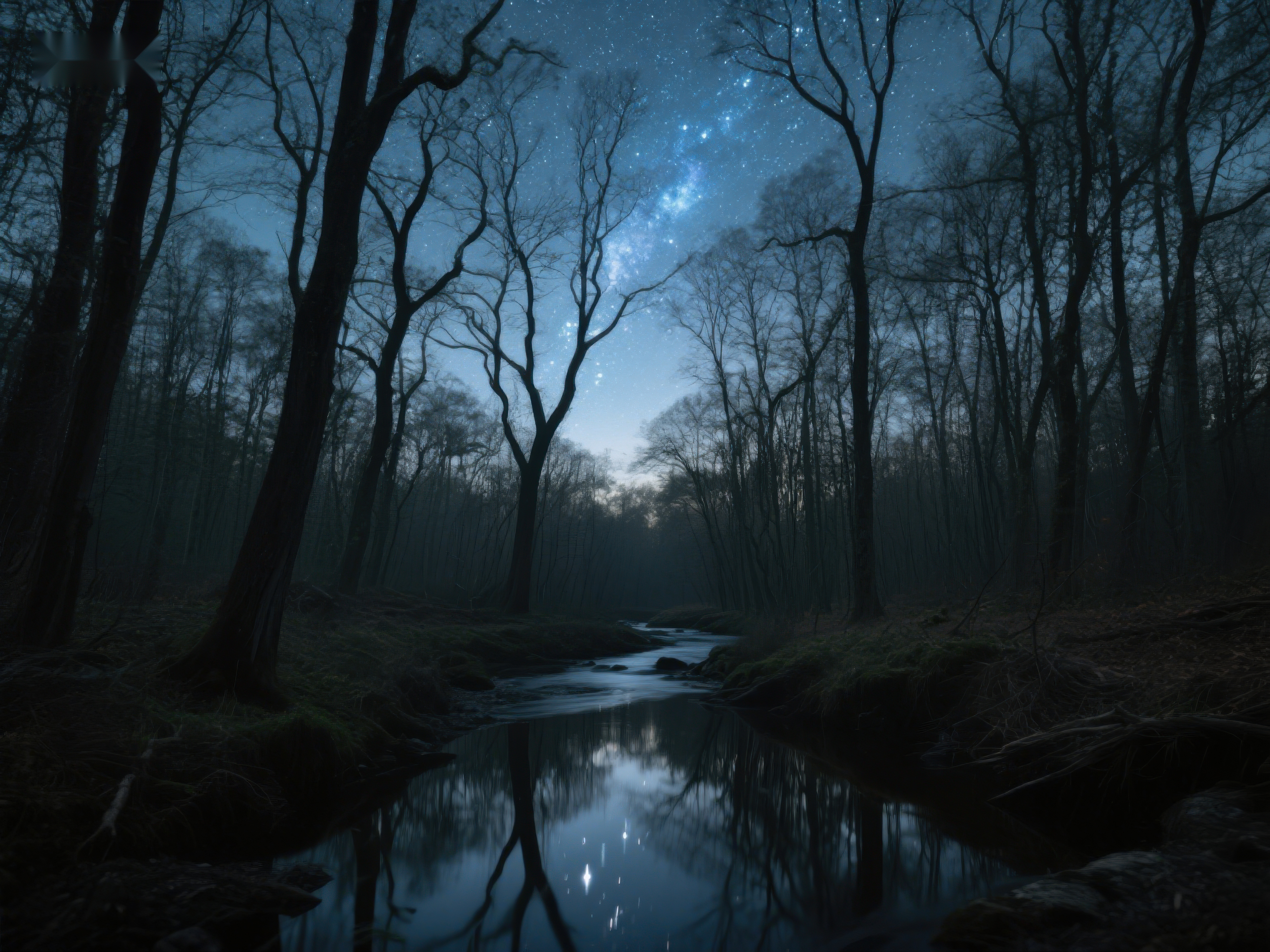 夜幕森林溪流星光闪烁素材