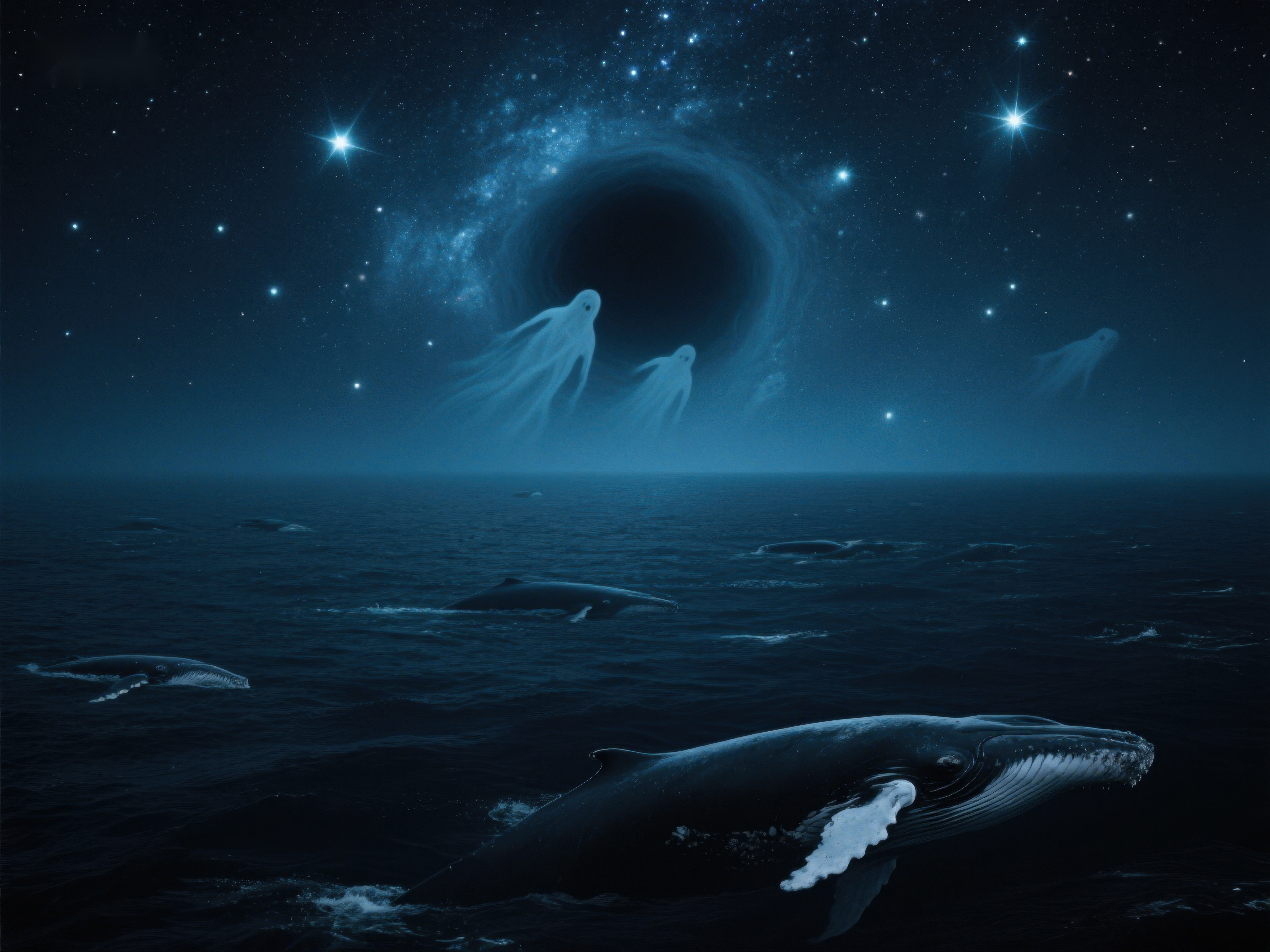 夜空下的鲸鱼与幽灵素材