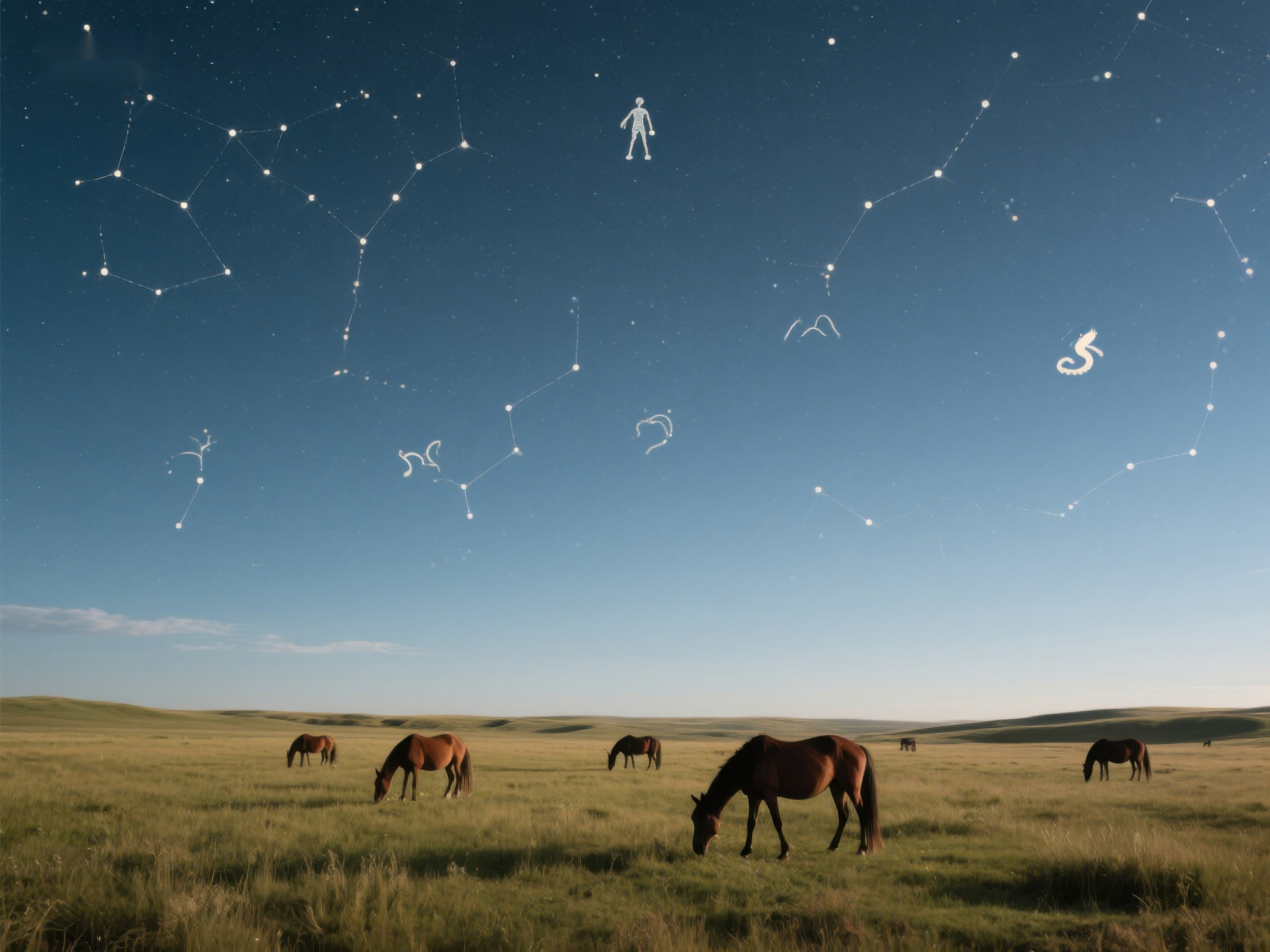 星空下的草原与马群素材