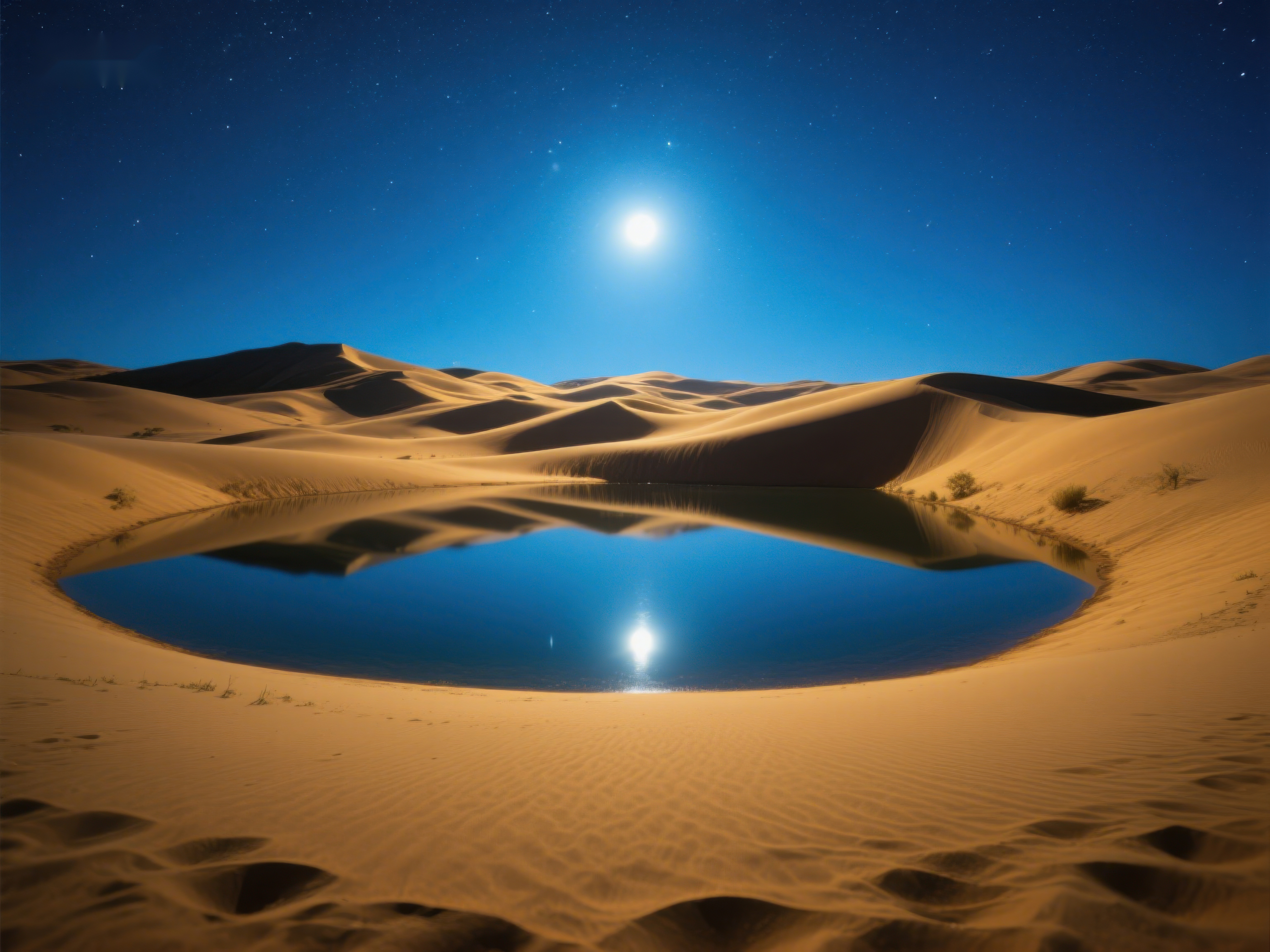 沙漠夜景月光下的水洼倒影素材