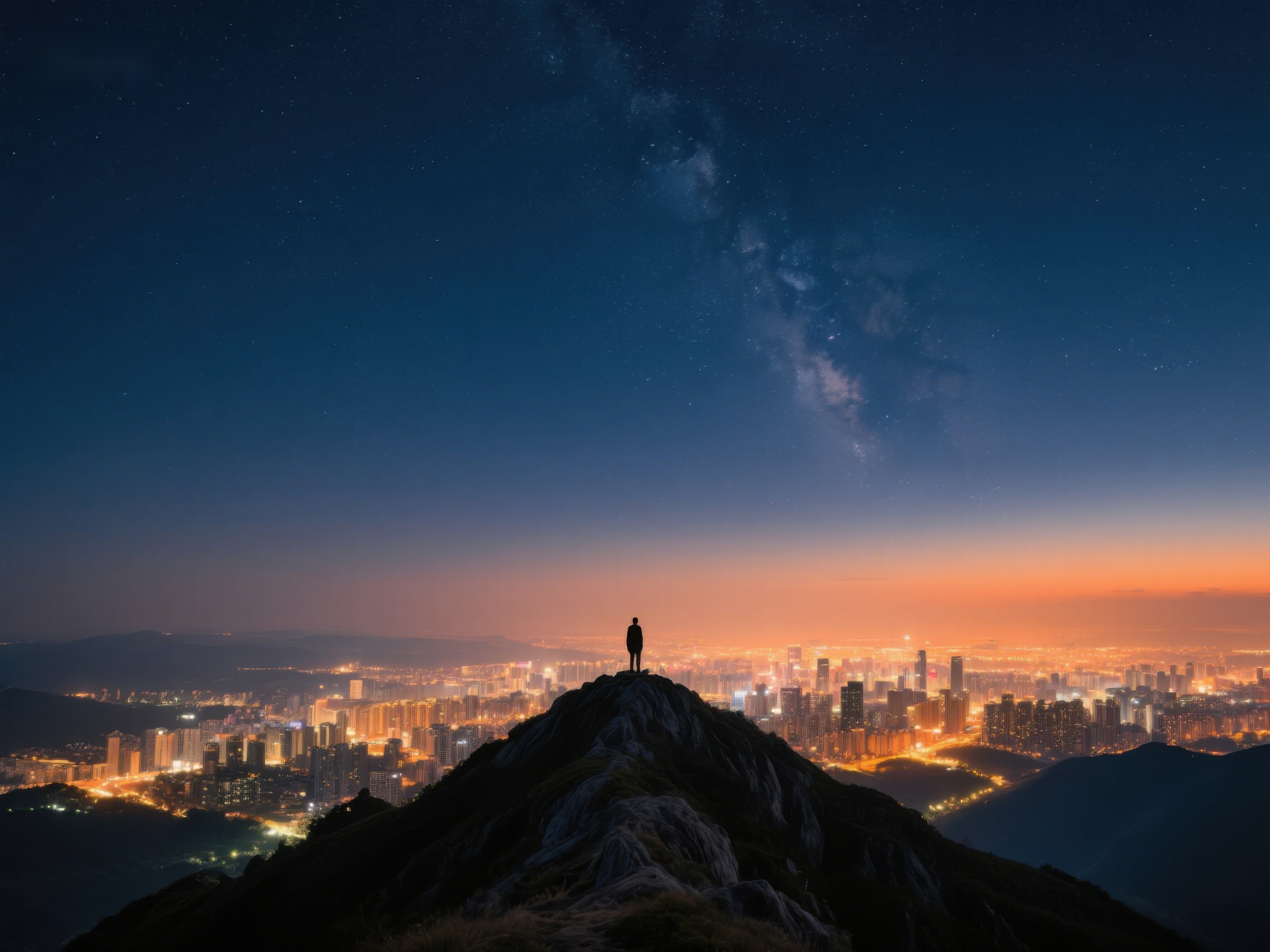 山顶夜景城市灯火与星空相映素材