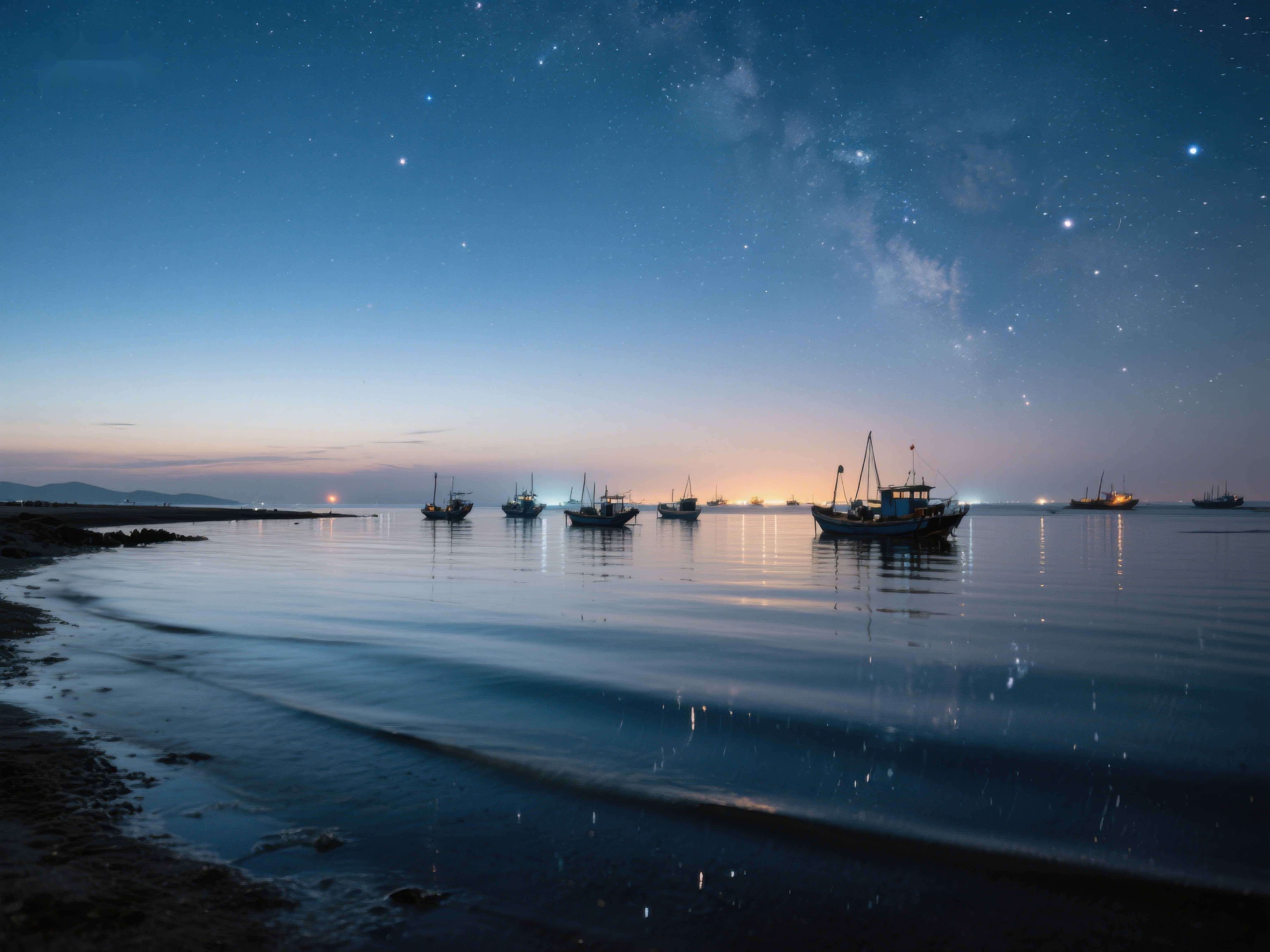 夜空下的宁静海港素材
