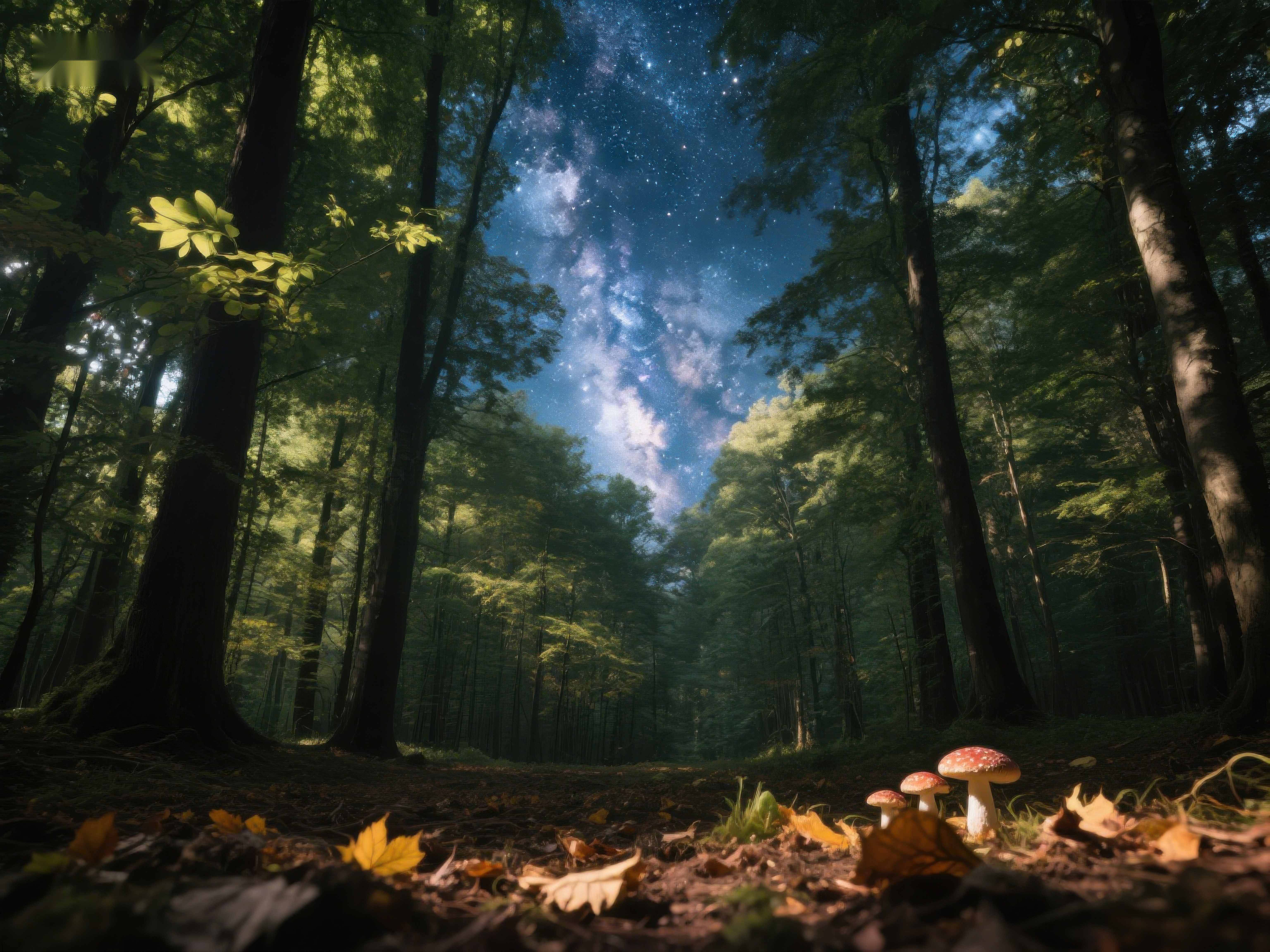 星空下的森林与蘑菇素材