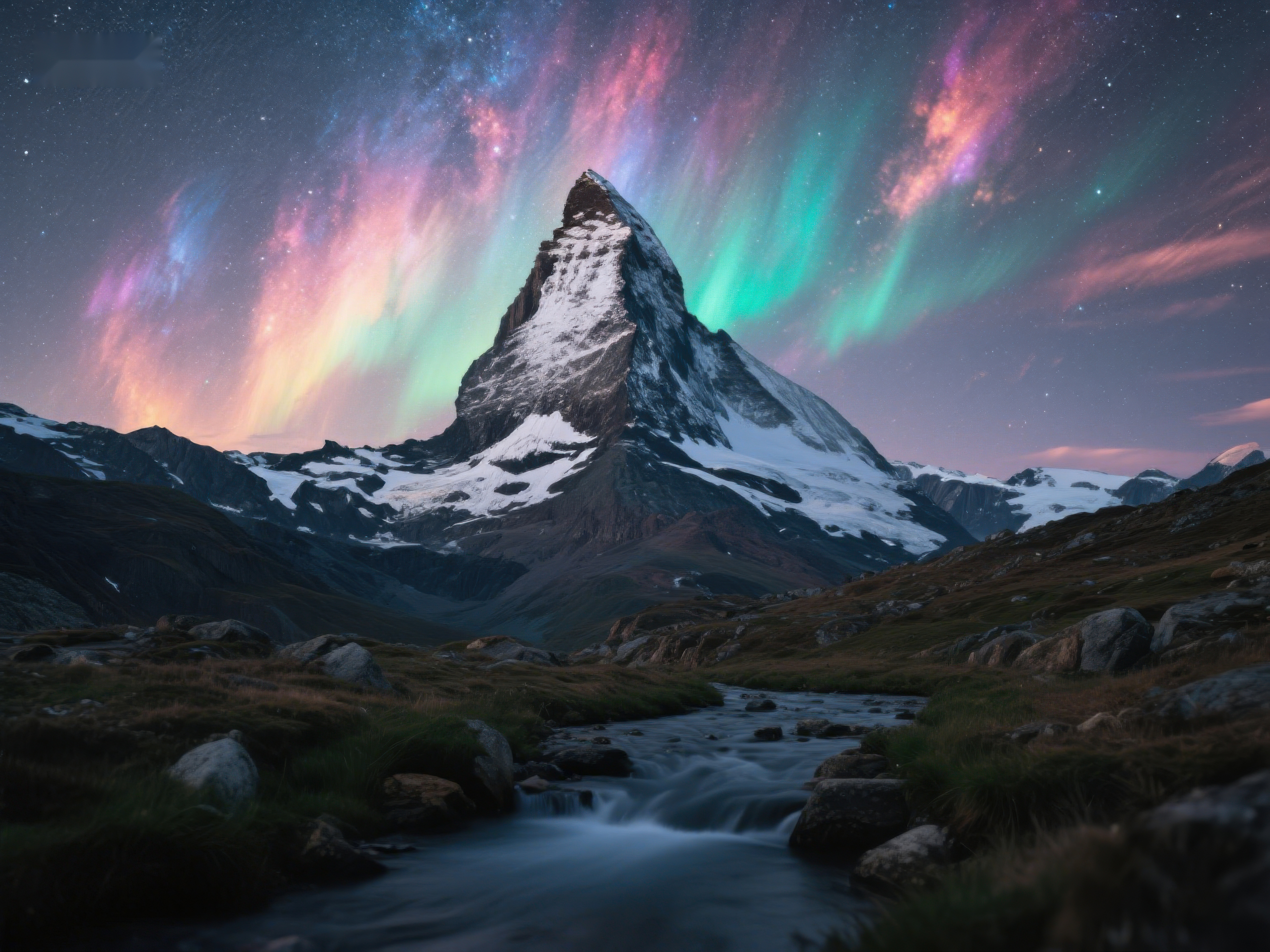 星空下的雪山与溪流素材