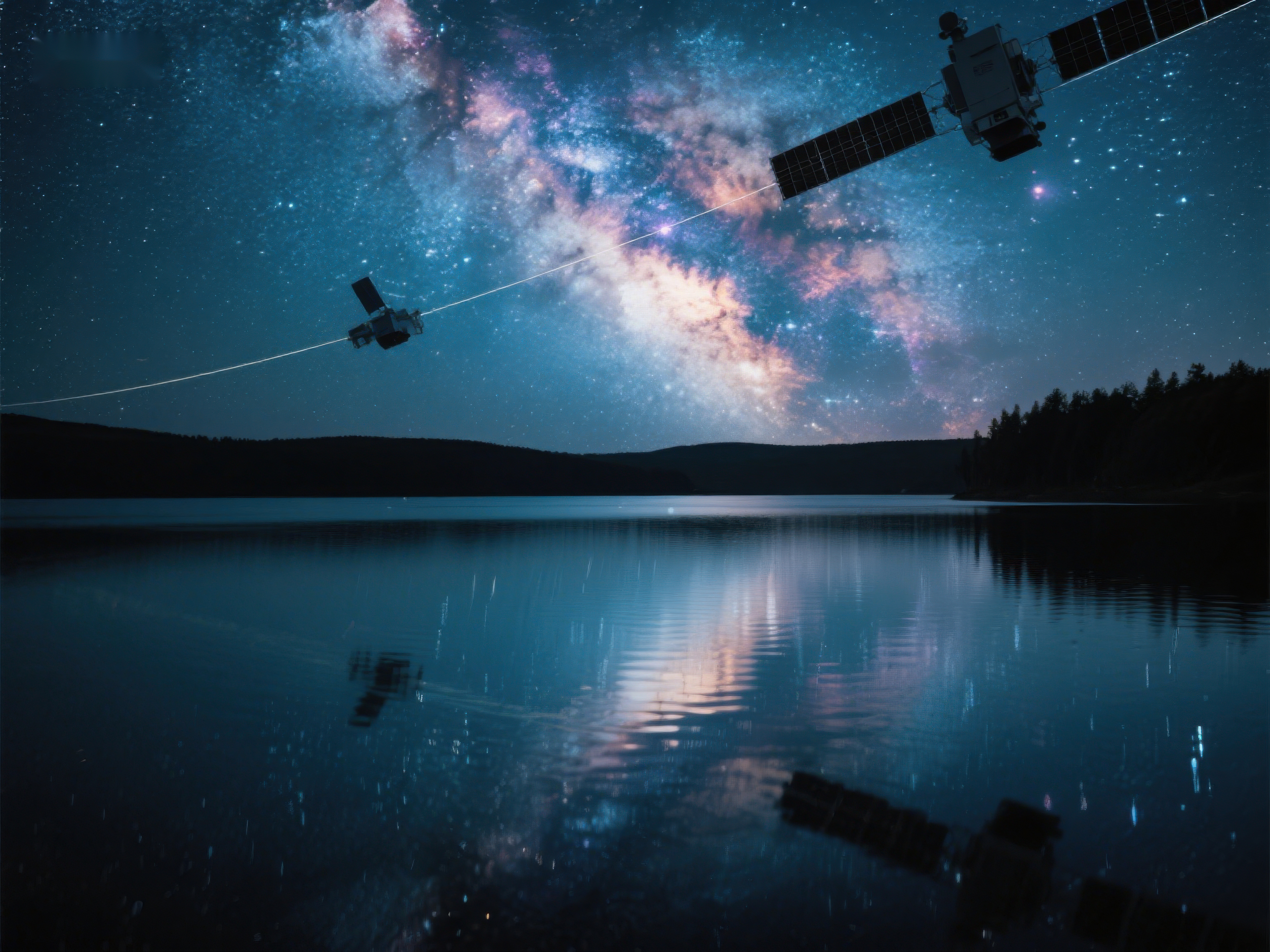 夜空卫星与湖面倒影素材