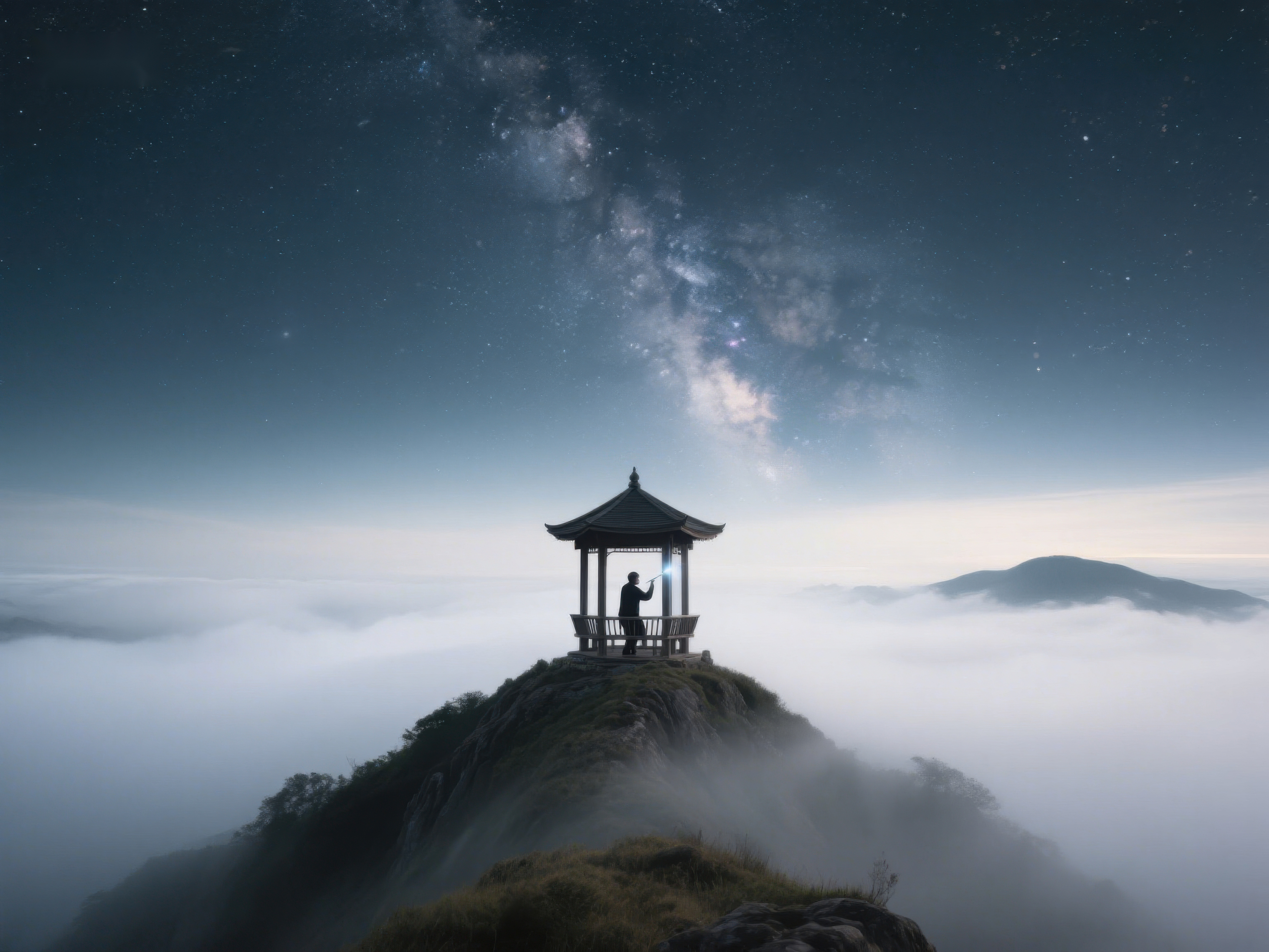 山顶亭台夜观星河素材