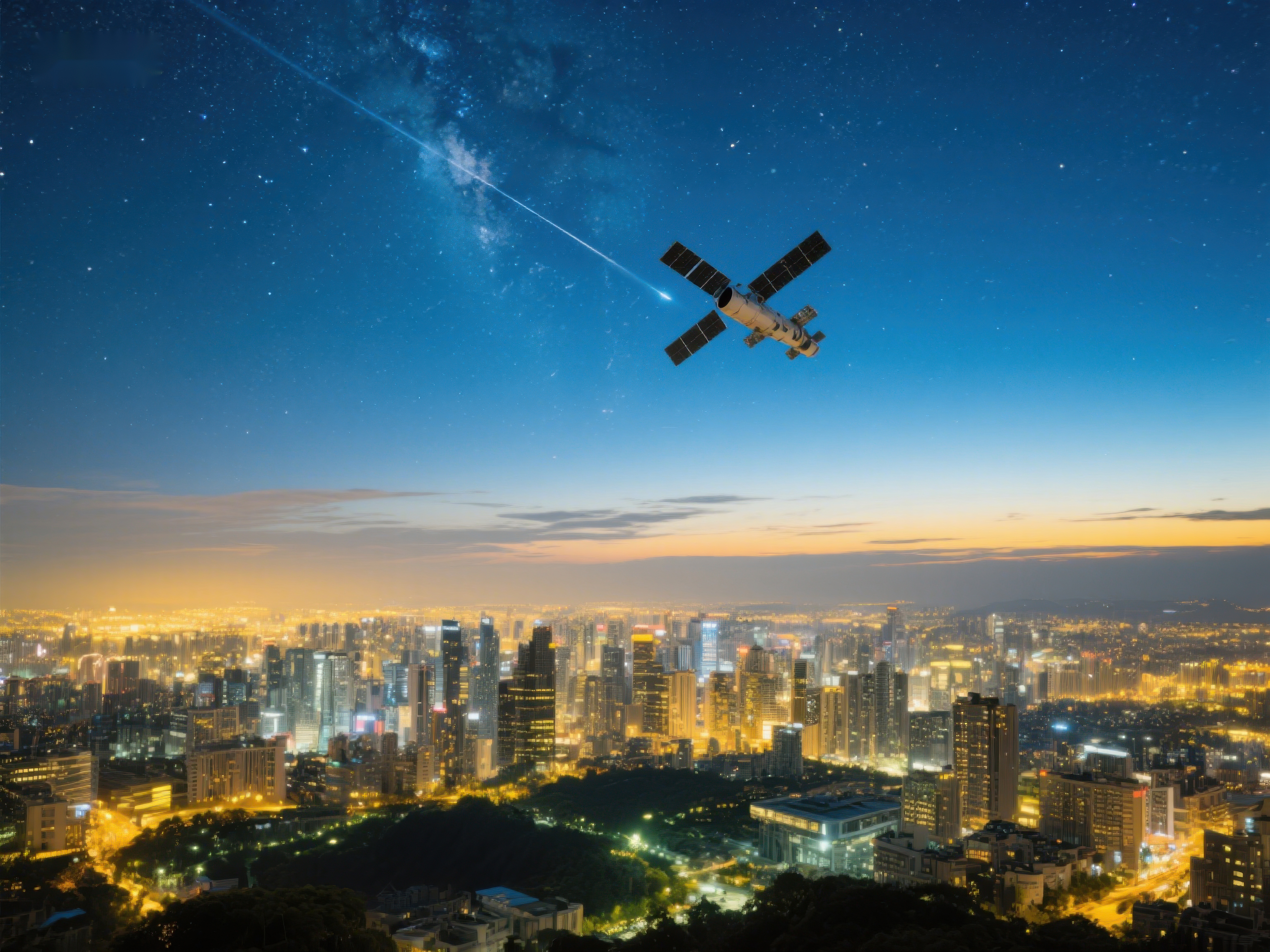 卫星飞越夜空城市素材