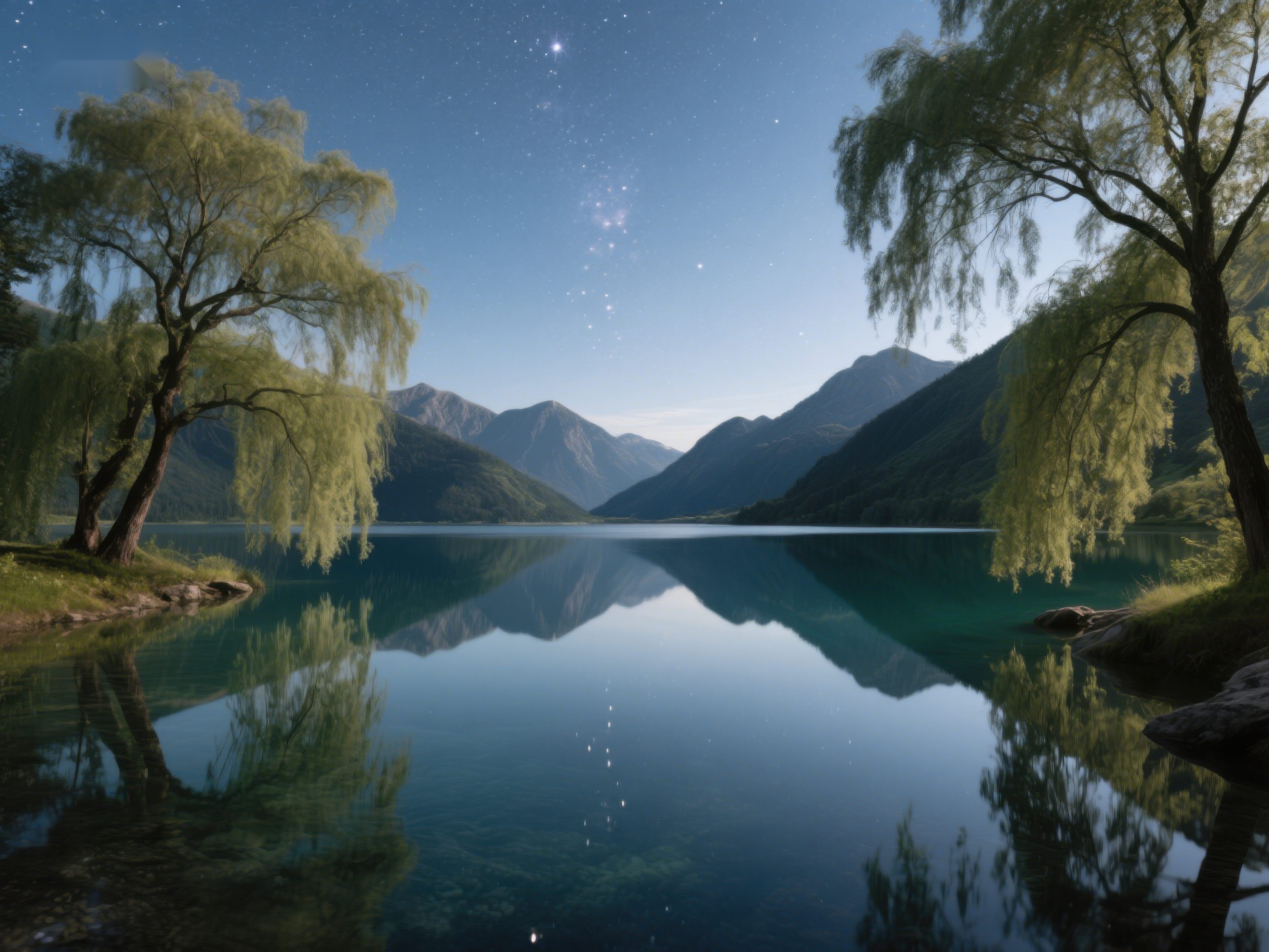宁静湖畔夜景星光与树影相映素材