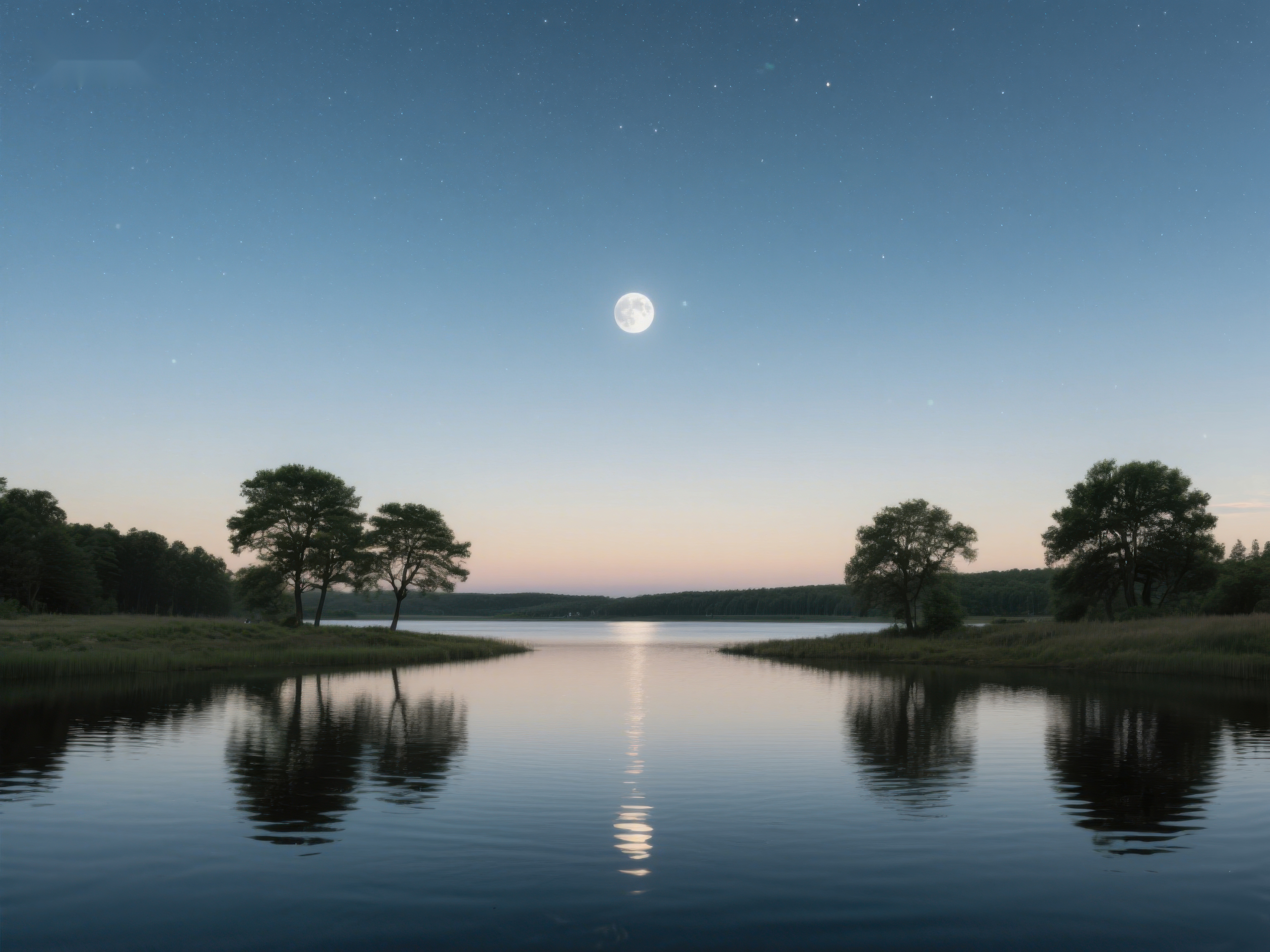 月夜湖畔静谧倒影素材