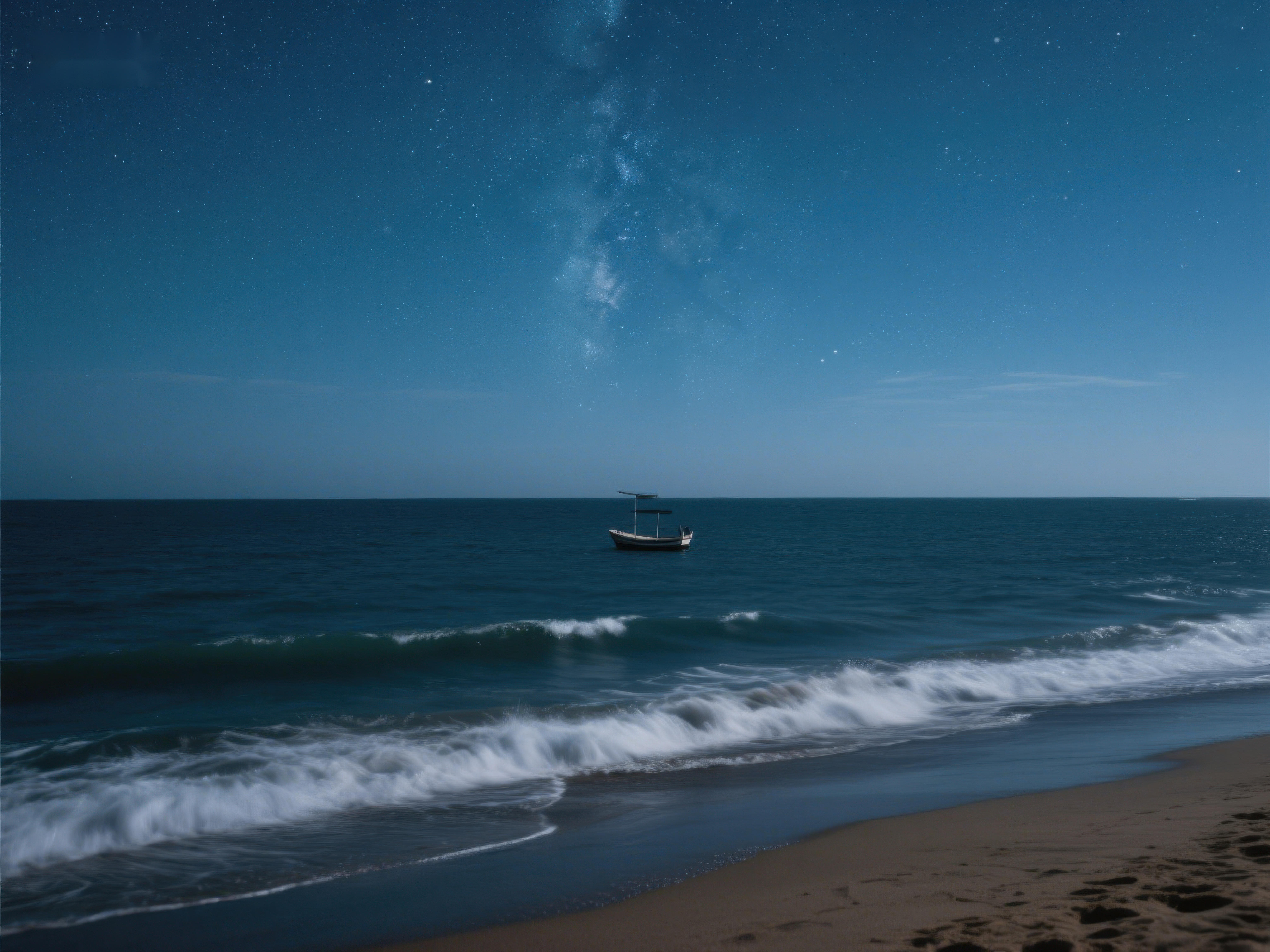 夜空下的孤舟与海浪素材