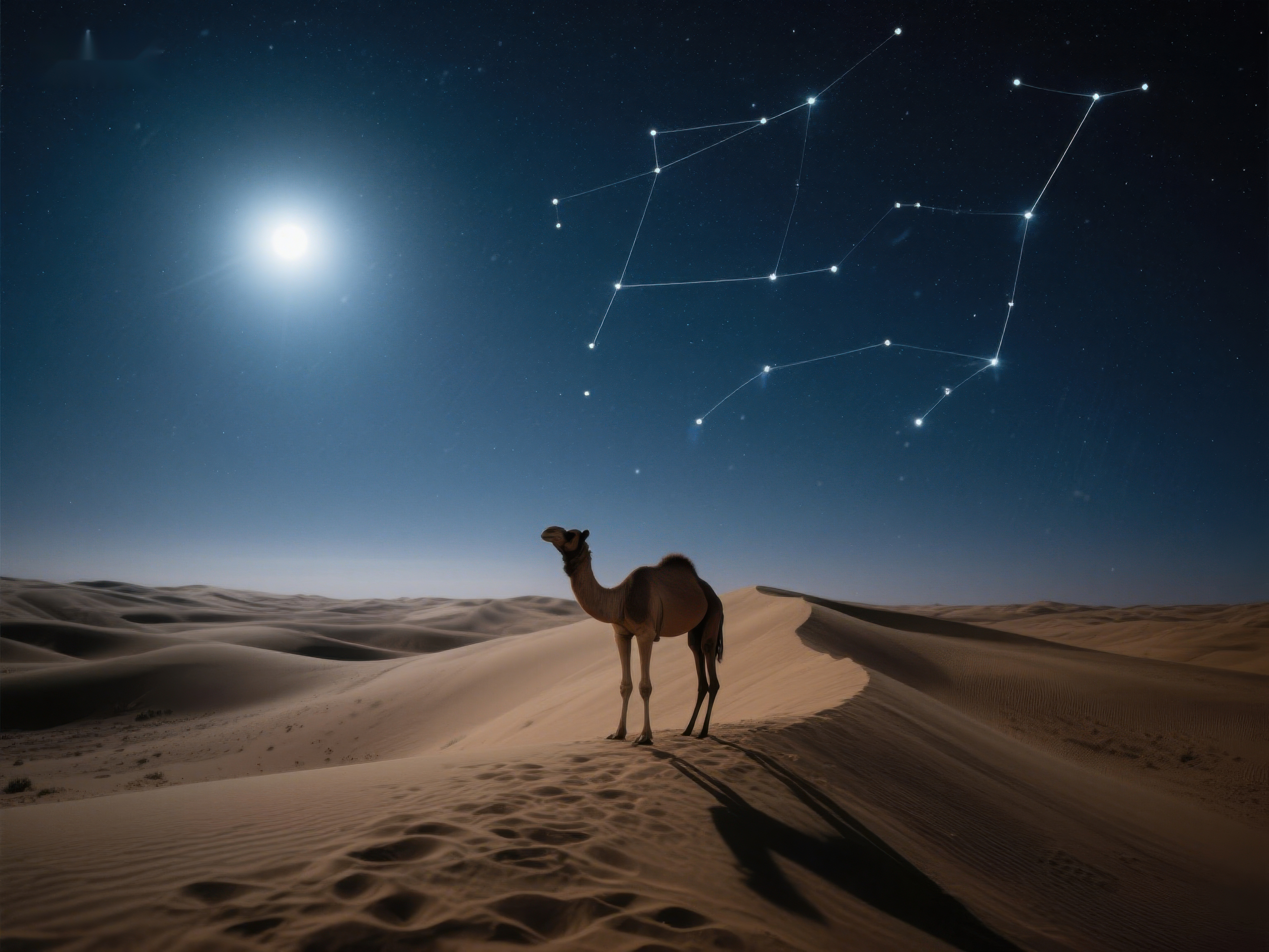 沙漠夜景中的骆驼与星座素材