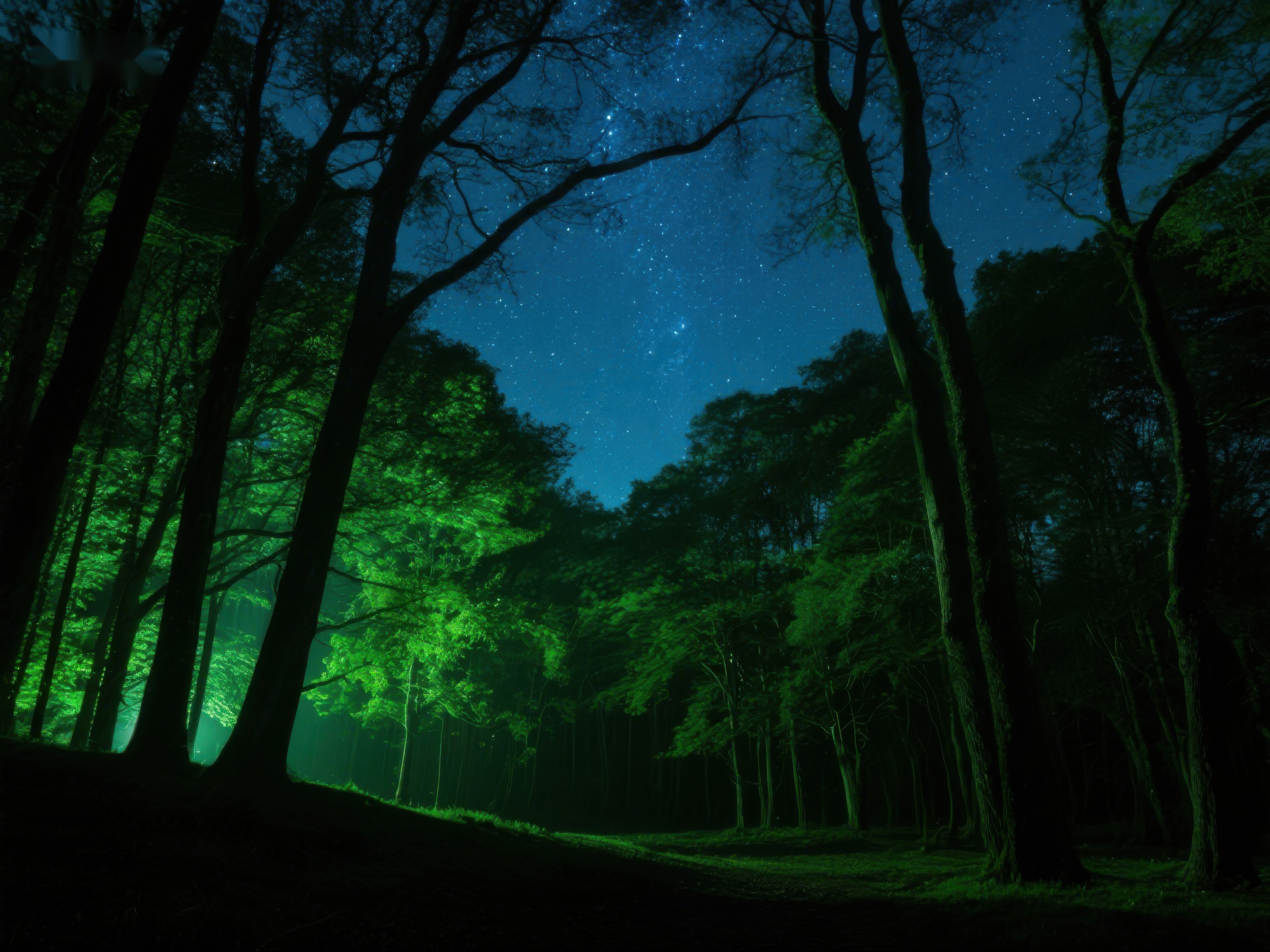 夜幕森林星光与绿光交织素材