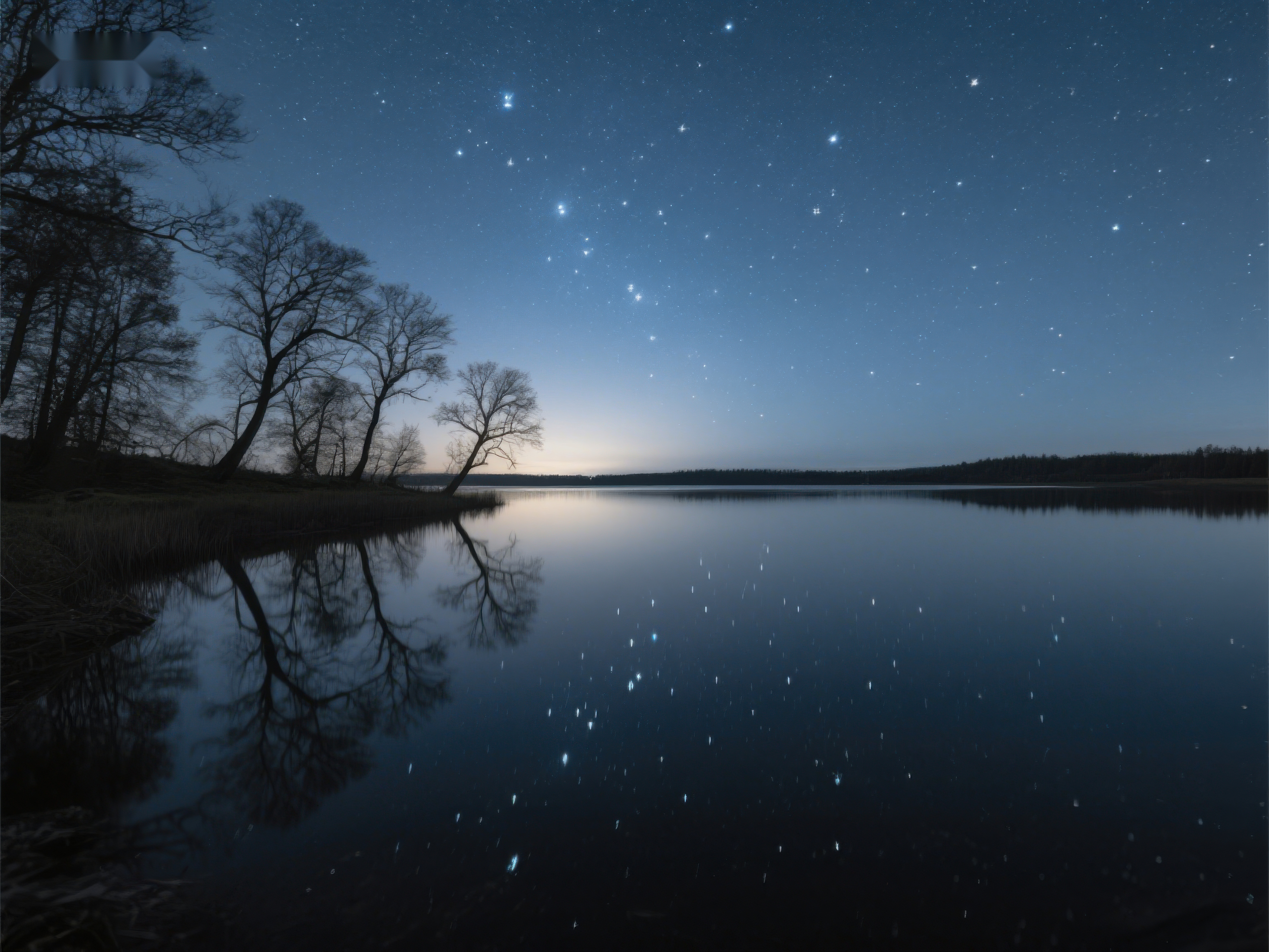 夜空星辰映湖面静谧树影伴水光素材