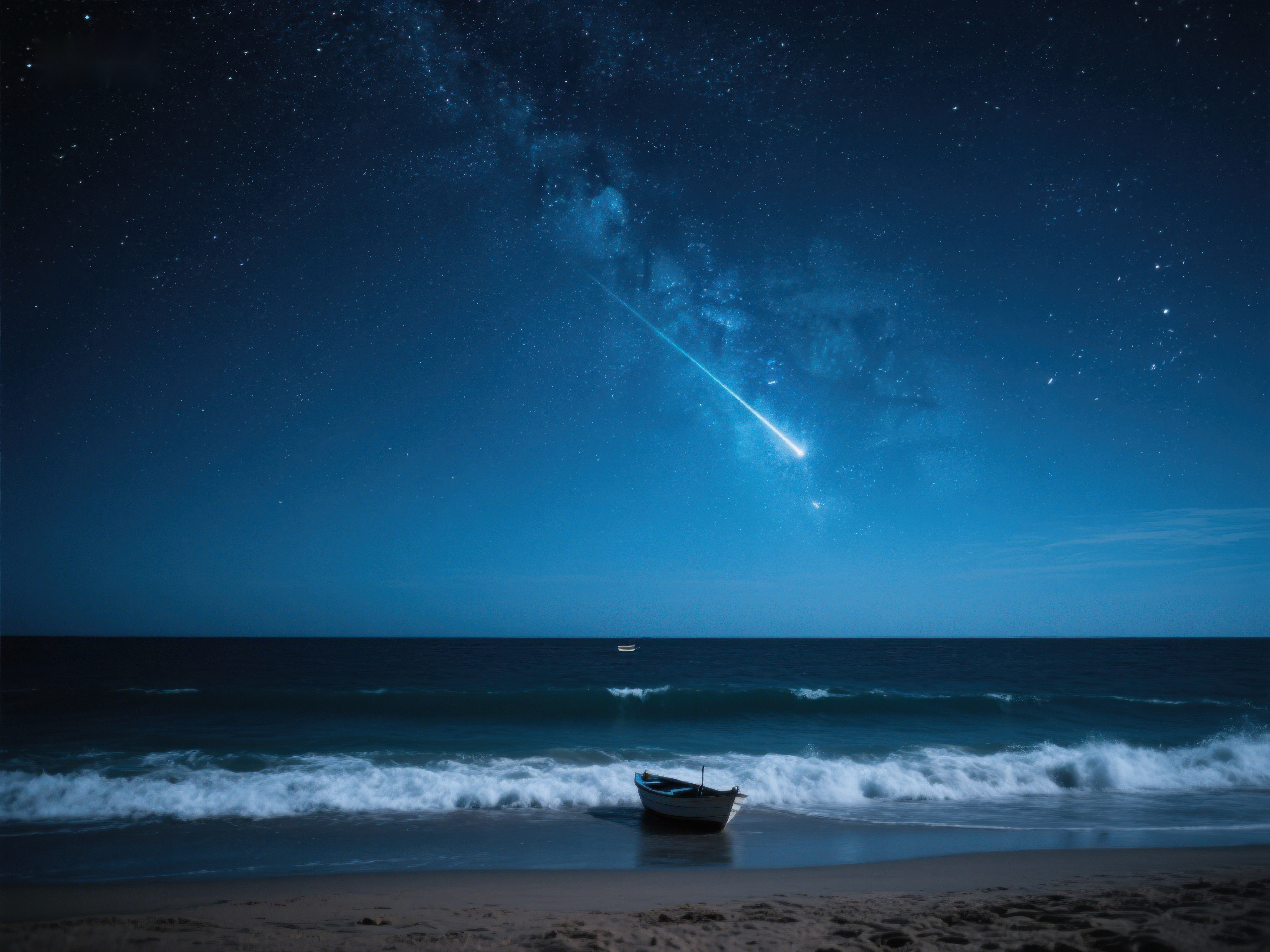 夜空流星划过海边小舟素材